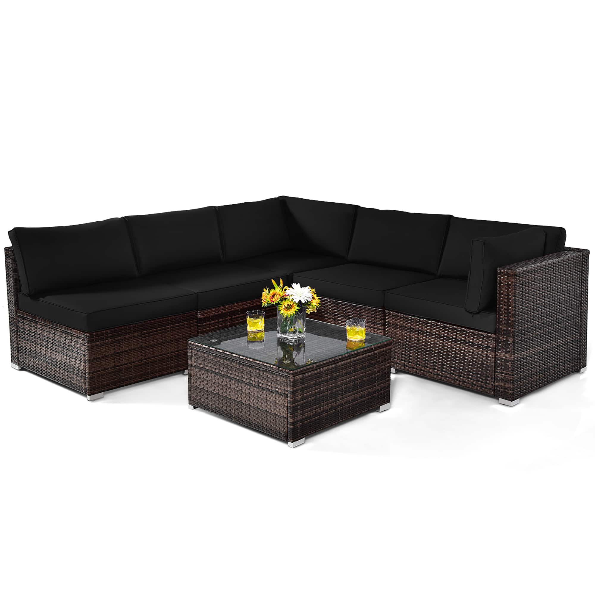 Front. Costway - 6PCS Patio Rattan Furniture Set Cushioned Sofa Coffee Table - Black.