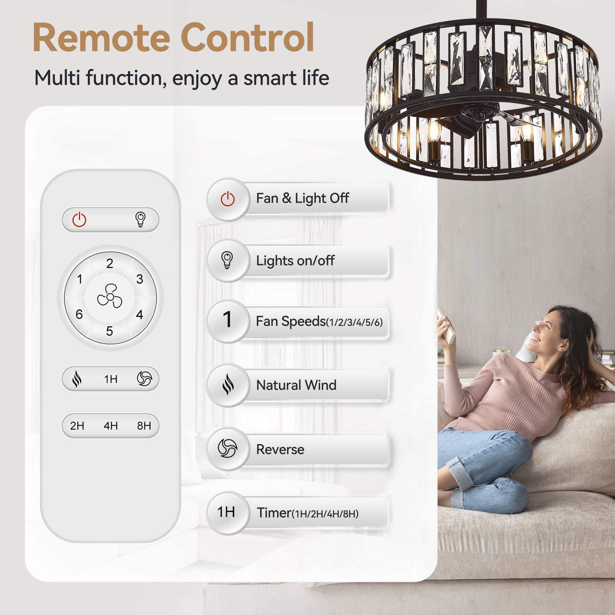 Remote Control  
Multi function, enjoy a smart life  

- Fan & Light Off  
- Lights on/off  
- Fan Speeds (1/2/3/4/5/6)  
- Natural Wind  
- Reverse  
- Timer (1H/2H/4H/8H)