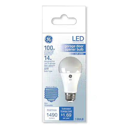 LED garage door opener bulb
Soft White
A19 Bulb Type
Medium Base
Non Dimmable
100W
Nearly as bright as a 100W bulb
Energy used: 14W
1490 lumens
Estimated Brightness
Estimated Energy Cost: $1.69 per year
1 BULB