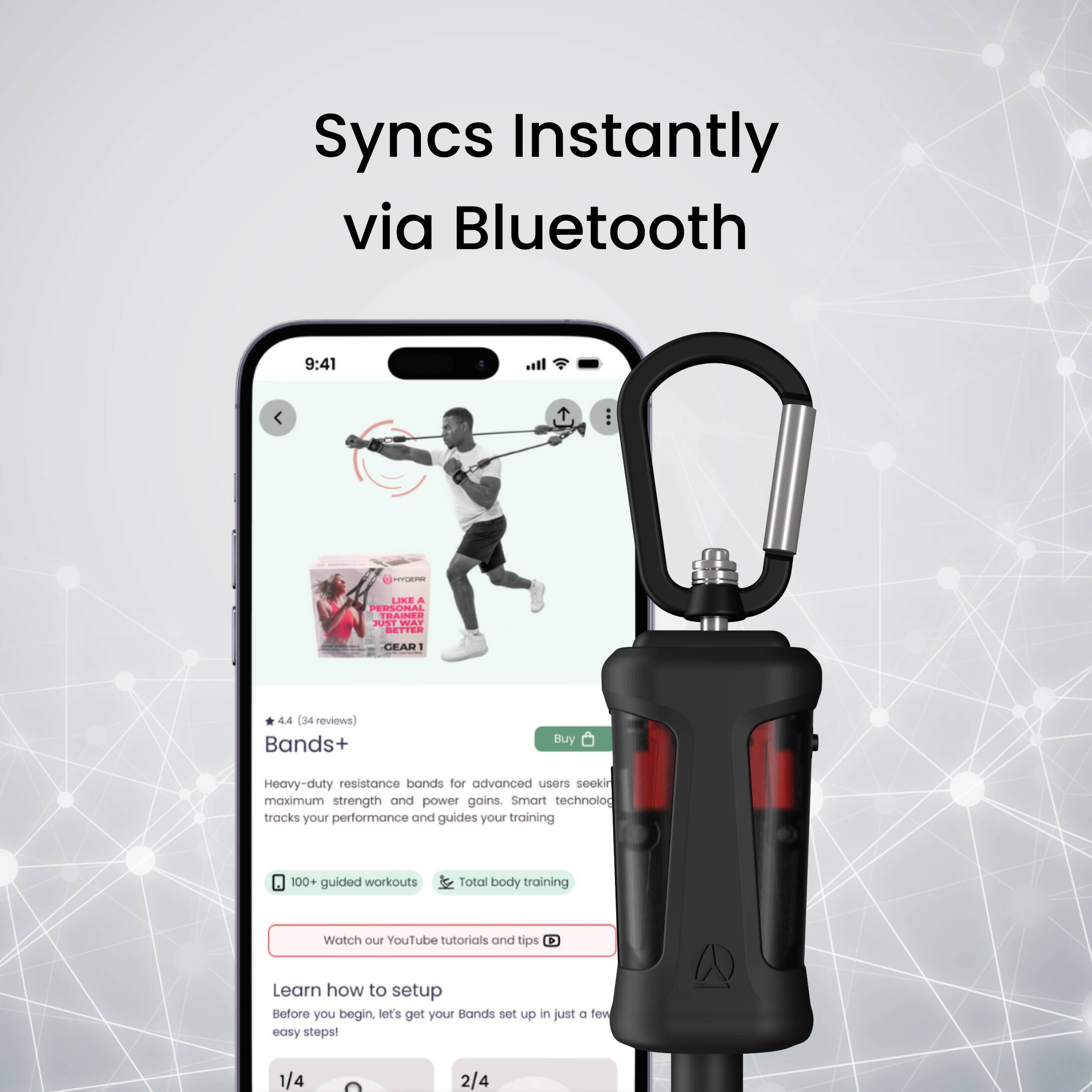 Syncs Instantly via Bluetooth

PERSONAL FRAS JUIT WAY daas CEARI - 4.4 (34 reviews)

Bands+  
Heavy-duty resistance bands for advanced users seeking maximum strength and power gains. Smart technology tracks your performance and guides your training.

100+ guided workouts  
Total body training

Watch our YouTube tutorials and tips

Learn how to setup  
Before you begin, let's get your Bands set up in just a few easy steps!

1/4 2/4