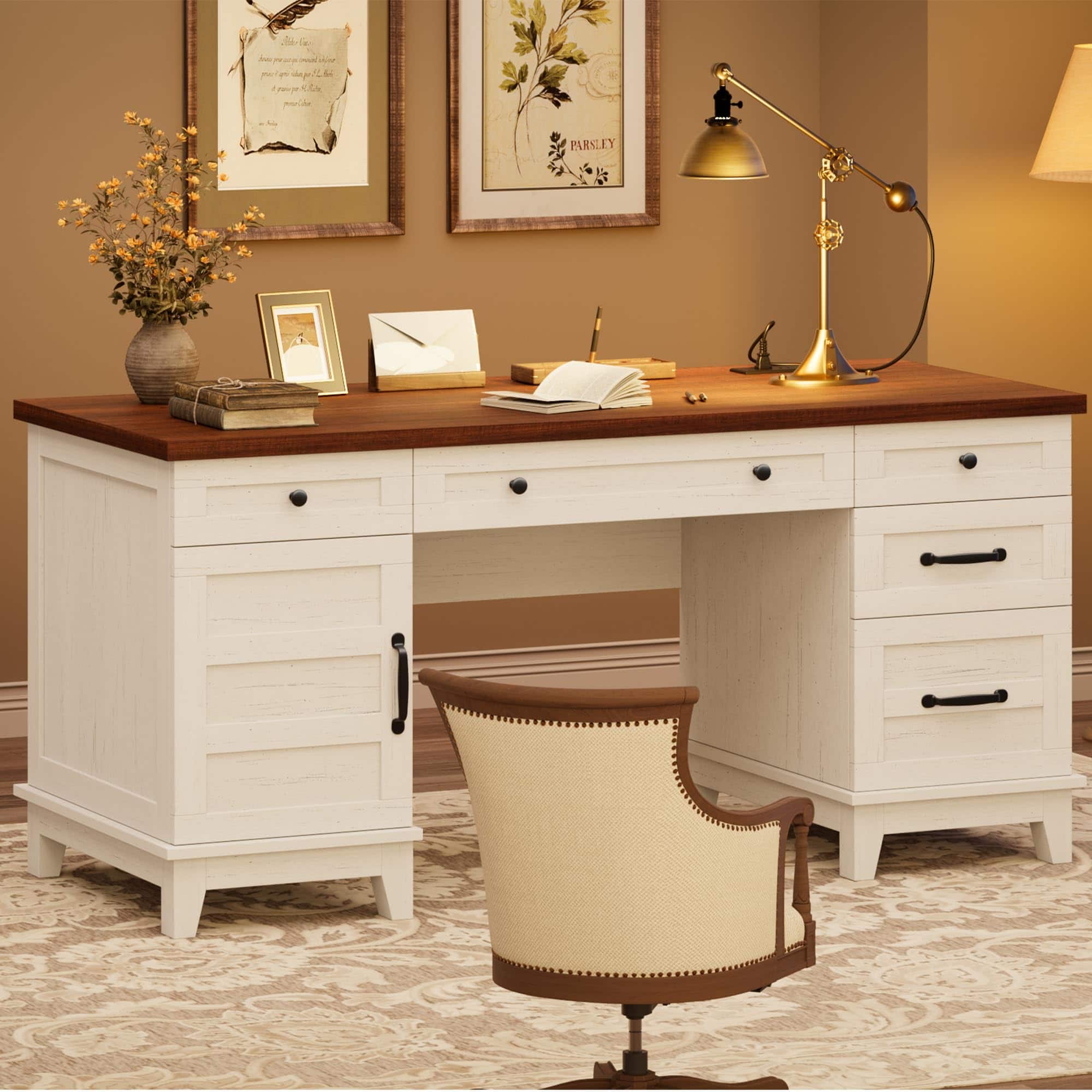 Jojoka - 60" Executive Desk with File Drawers, Farmhouse Home Office Desk with Charging Station - White & Brown