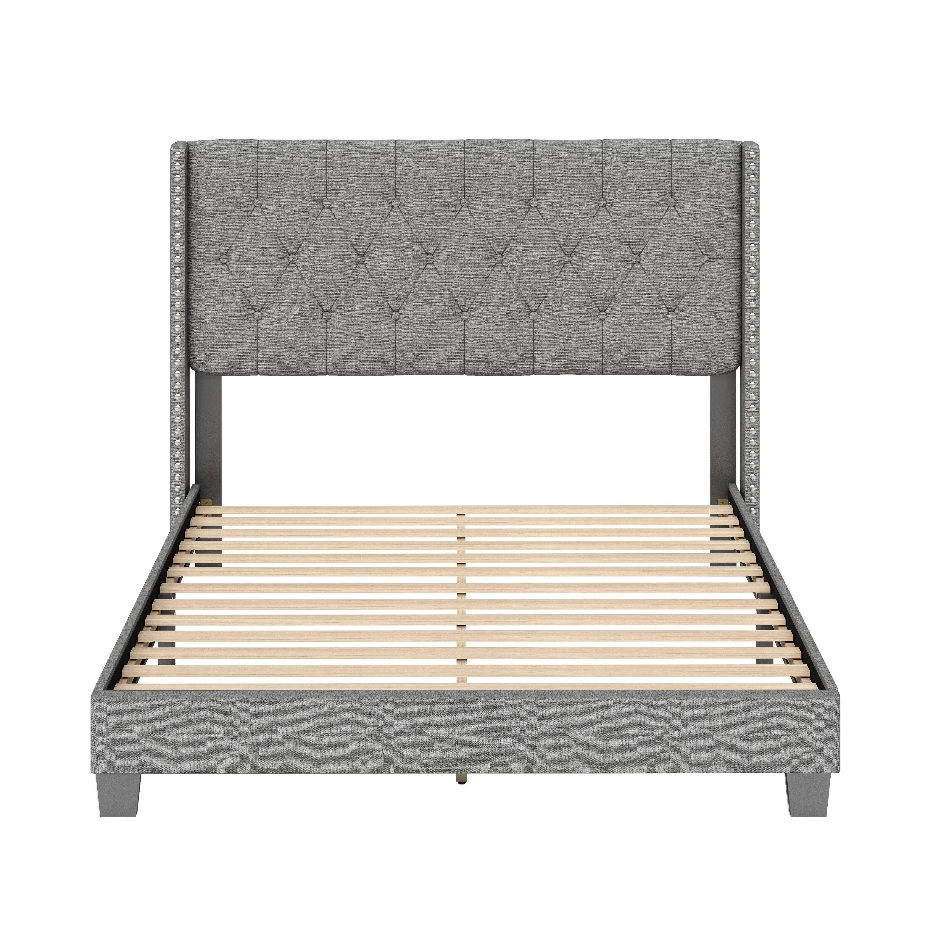 Alt View 1. Boyd Sleep - Mia Linen Platform Bed Frame with Tufted Headboard and Nailhead Trim, No Box Spring Required, Queen - Gray.