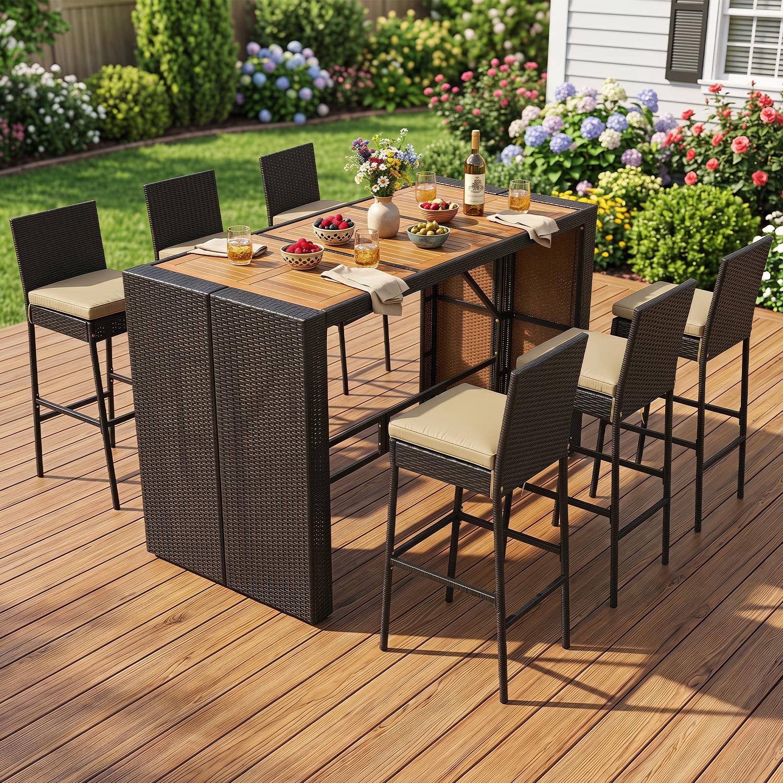 Alt View 1. Costway - Costway 7-Piece Outdoor PE Wicker Bar Set with Bar Height Table 6 Cushioned Stools for Yard - Brown.