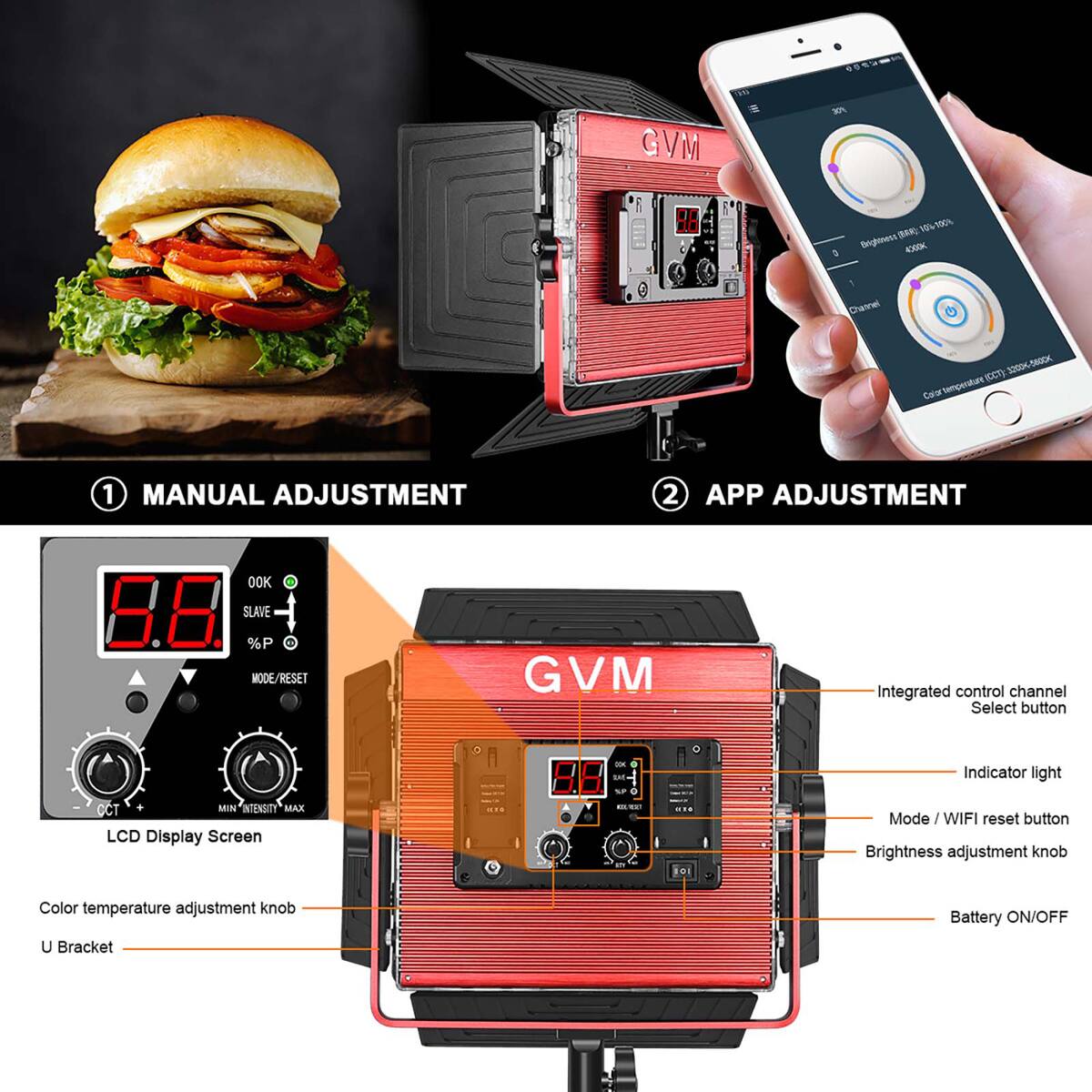GVM X 3 BARL 109-190% Biglsess 4000K Channel T 200I-40GK Calor empeote 1 MANUAL ADJUSTMENT 2 APP ADJUSTMENT OOK SLAVE %P MODE/RESET GVM Integrated control channel Select button OCT MIN INTENSITY MAX LCD Display Screen C - - a Indicator light Mode J WIFI reset button Brightness adjustment knob Color temperature adjustment knob U Bracket Battery ON/OFF