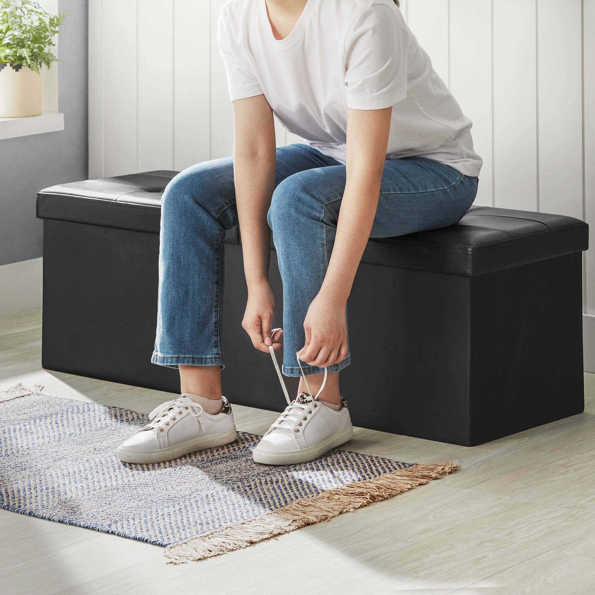 Alt View 1. Songmics Home - 43 Inches Folding Storage Ottoman Bench with Flipping Lid, Storage Chest Footrest Padded Seat with Iron Frame Support - Black.