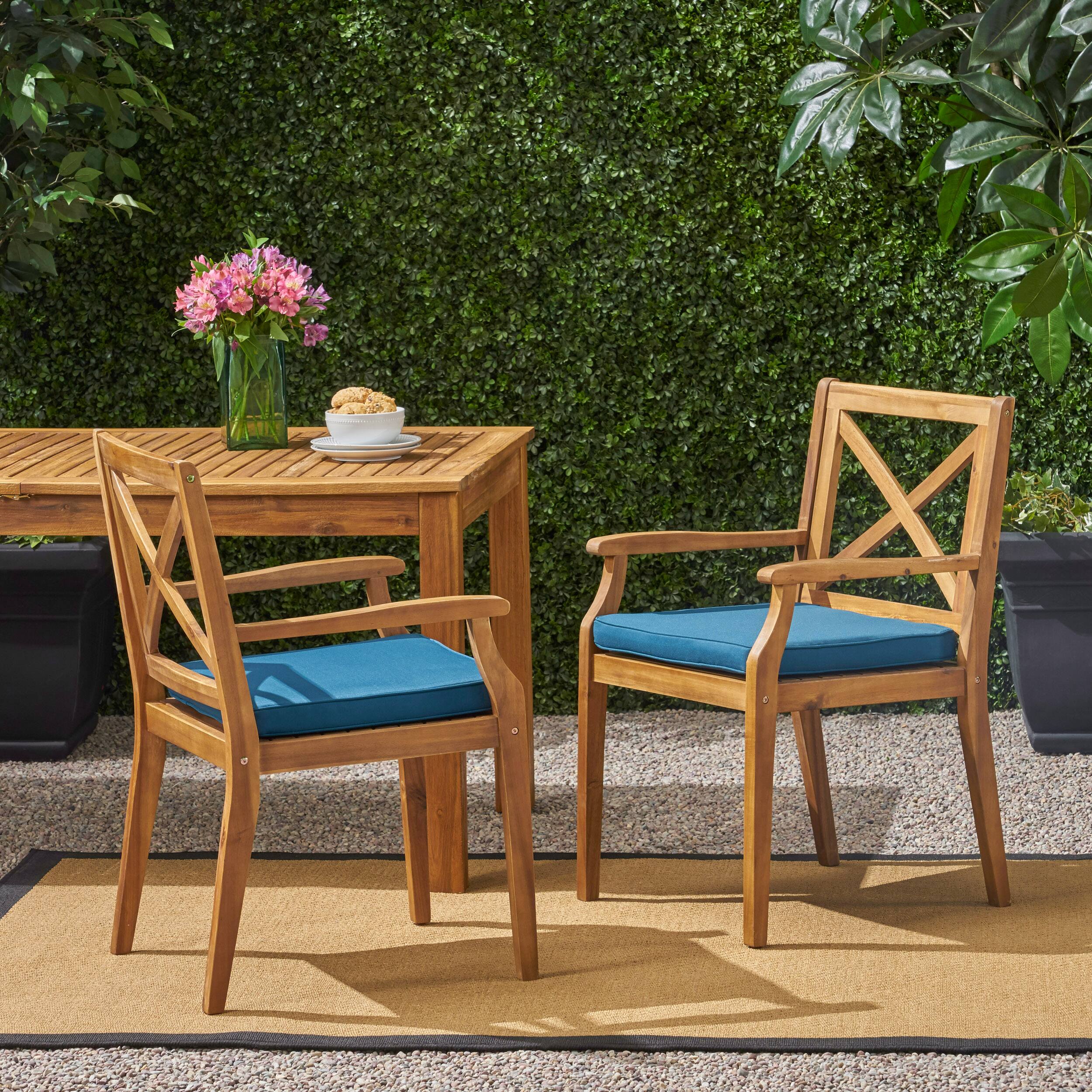 Front. Whisen - 2-Piece Outdoor Dining Chair Set with Cushions, Solid Wood Patio Seating for Backyard, Garden & Poolside - Blue | Teak.