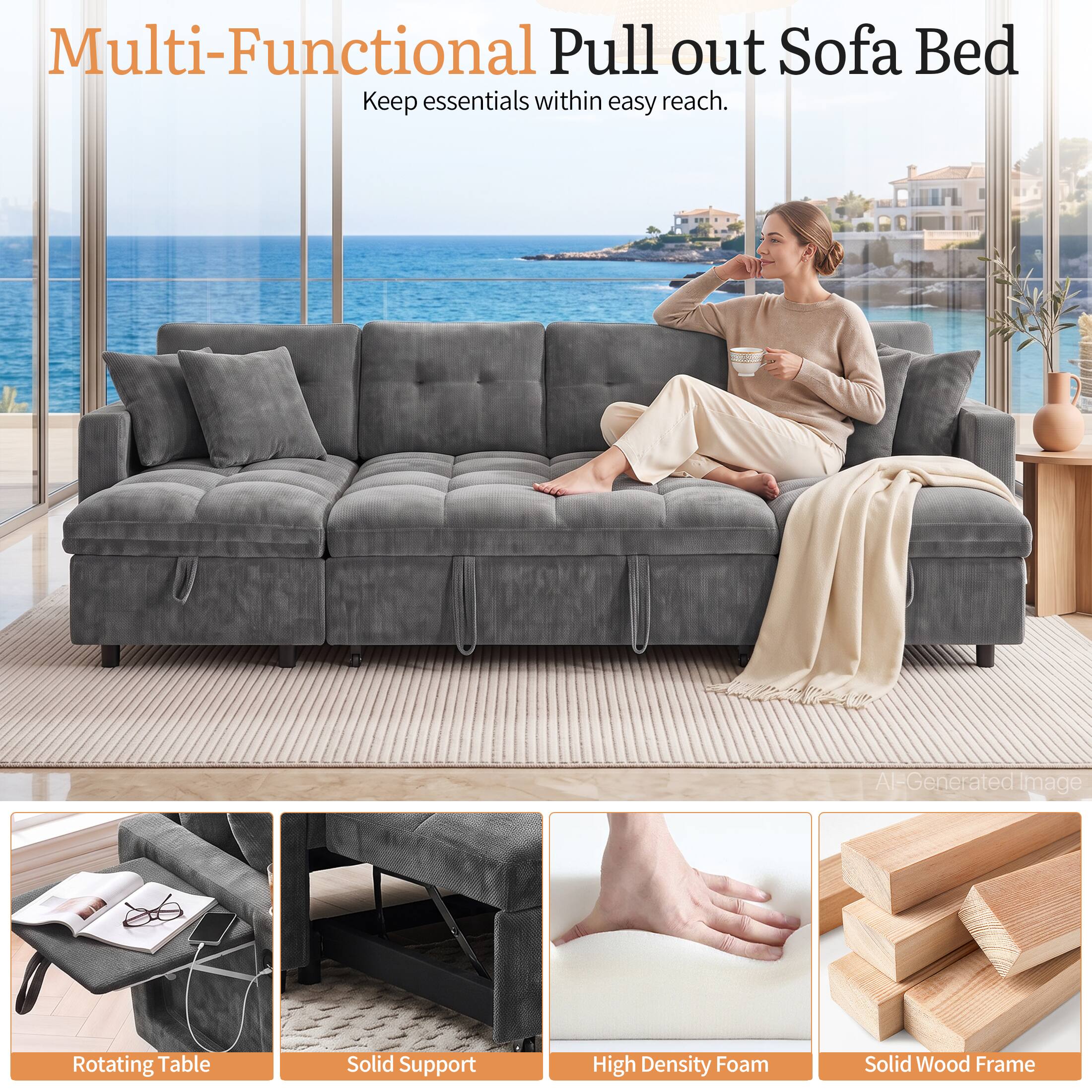 Multi-Functional Pull out Sofa Bed  
Keep essentials within easy reach.

- Rotating Table
- Solid Support
- High Density Foam
- Solid Wood Frame