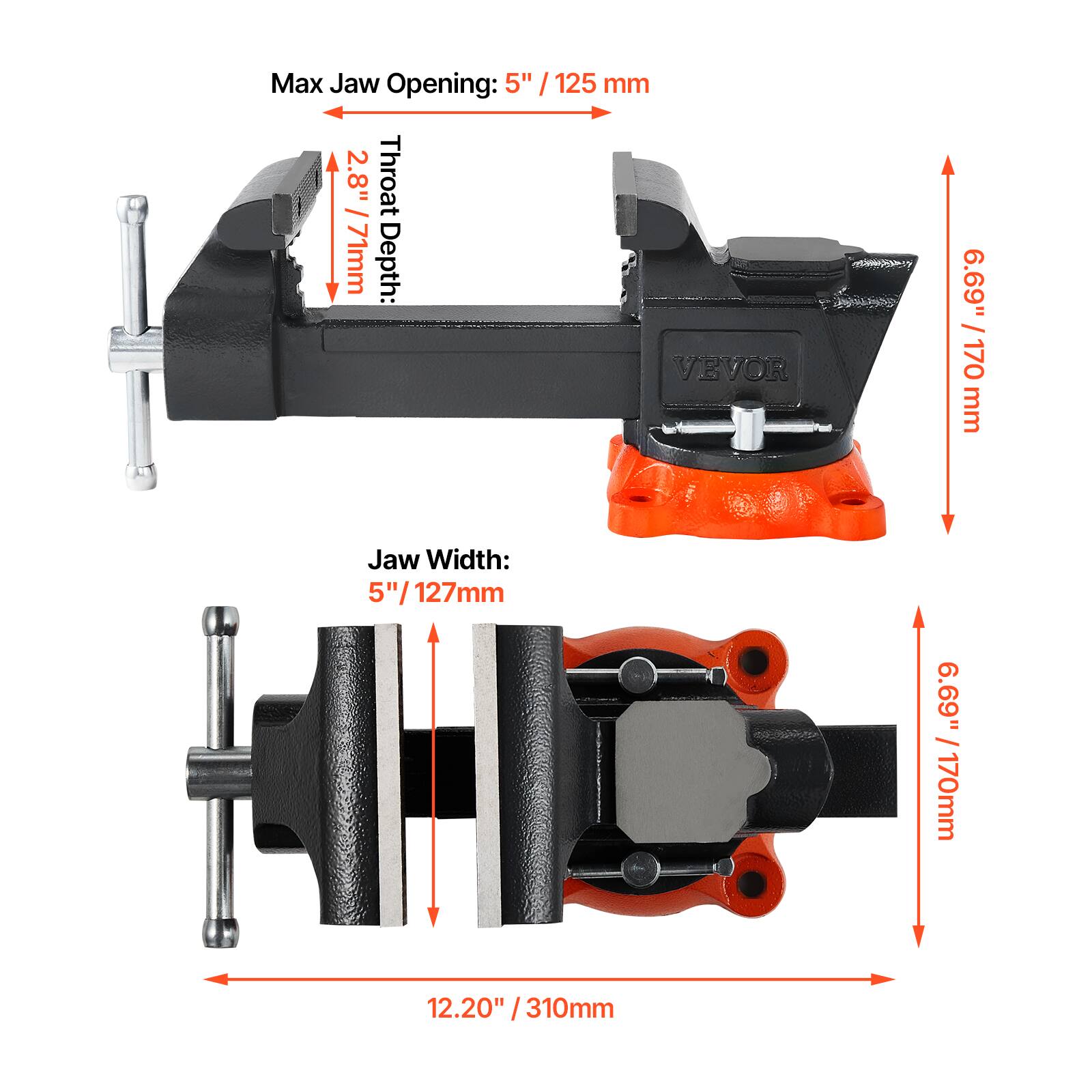 Max Jaw Opening: 5" / 125 mm  
Throat Depth: 2.8" / 71 mm  
Jaw Width: 5" / 127 mm  
6.69" / 170 mm  
12.20" / 310 mm