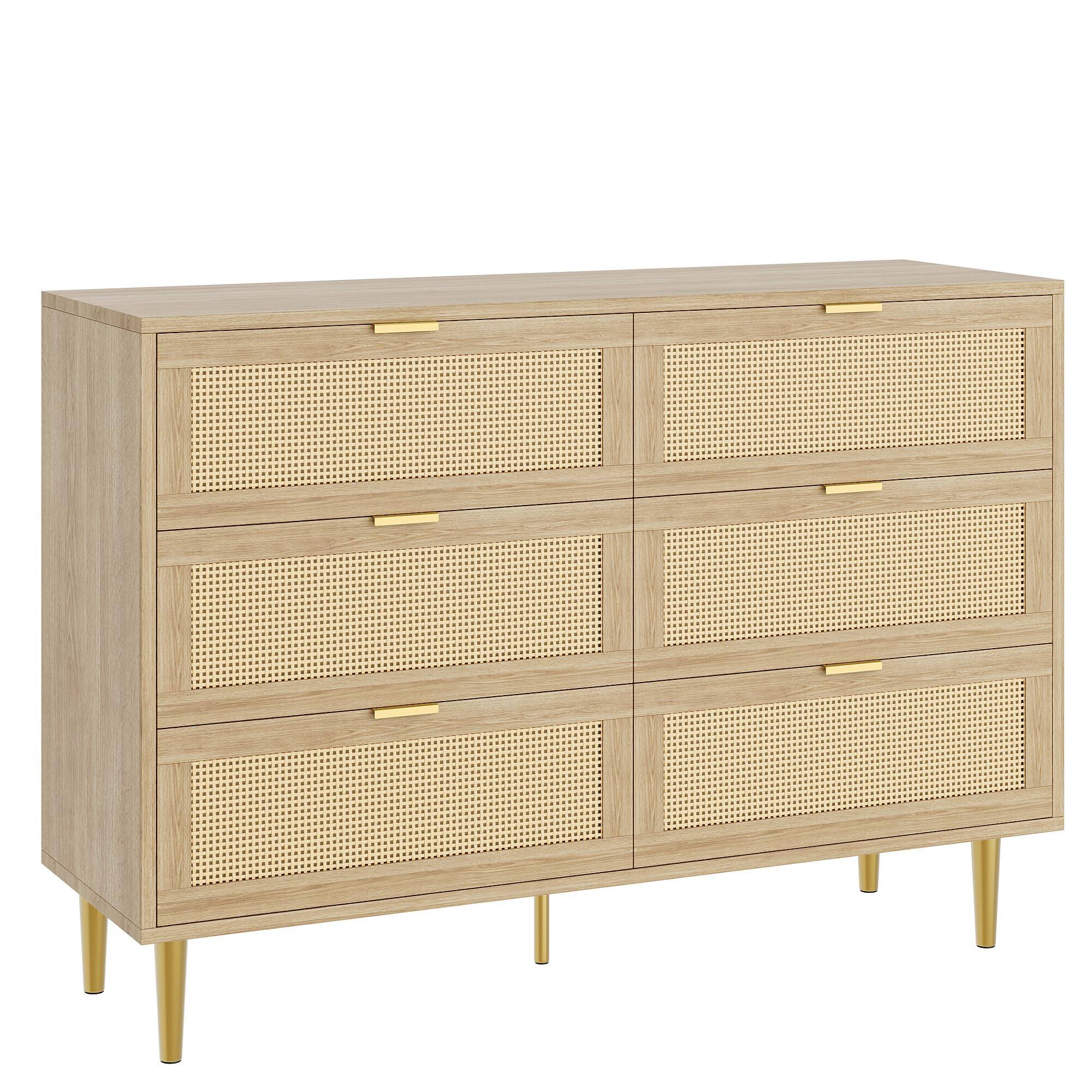 Alt View 7. Jojoka - 6 Drawer Rattan Dresser for Bedroom, Wide Double Dresser Chest of Drawers - Natural.
