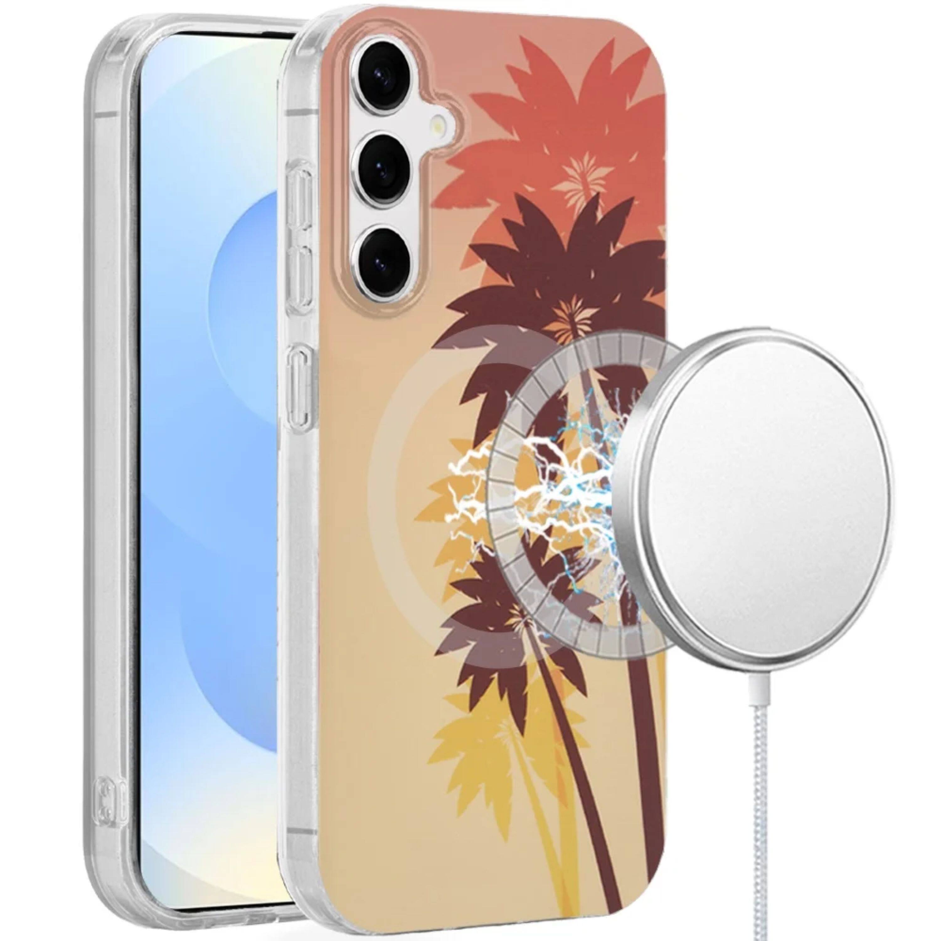 Angle. Kitcheniva - Dual-Layer Magnetic Case With Tempered Glass For Samsung S24/S25 Coconut Palm - Multicolor.