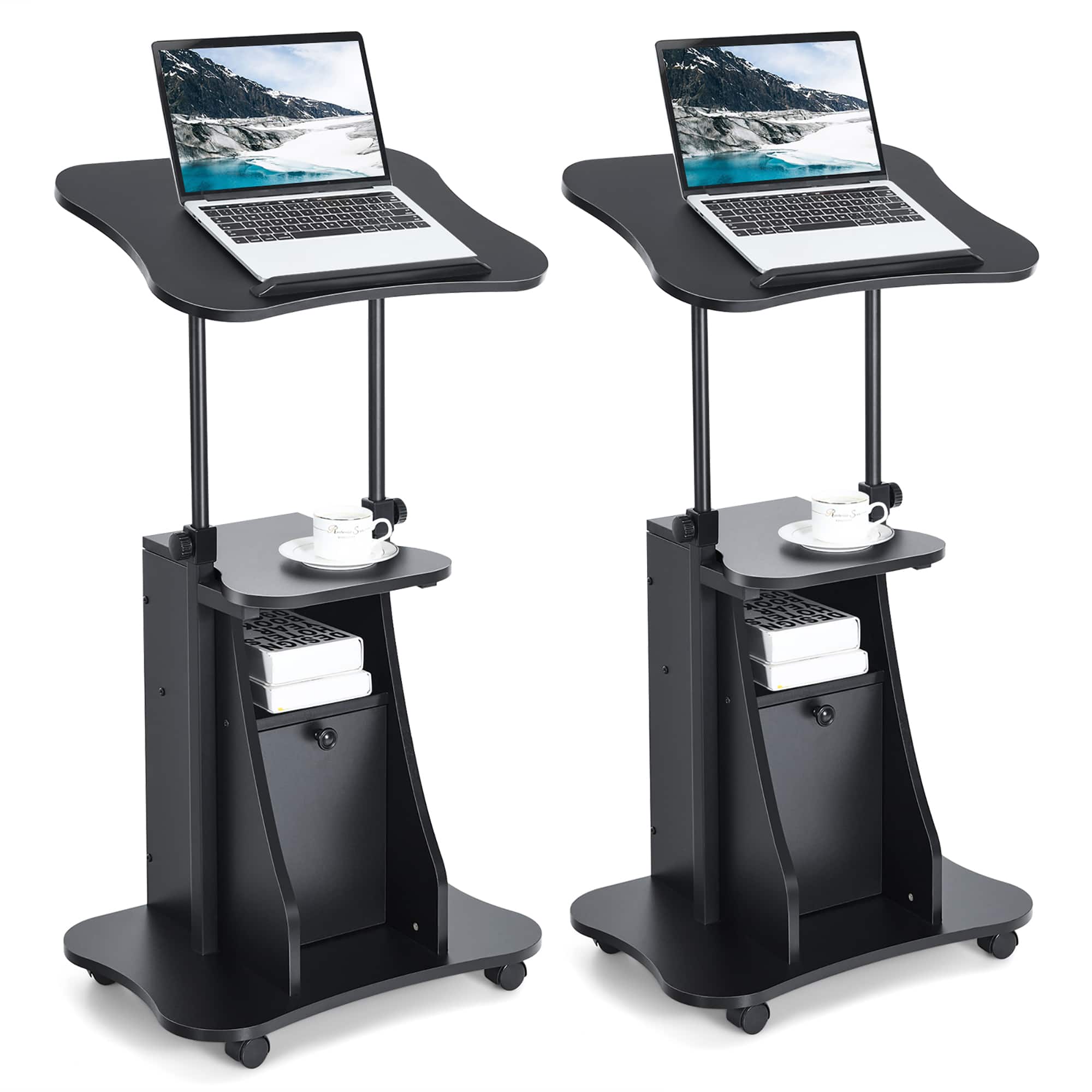 Costway - Set of 2 Height Adjustable Standing Desk Mobile Podium w/Tilt Top & Door Cabinet - Black