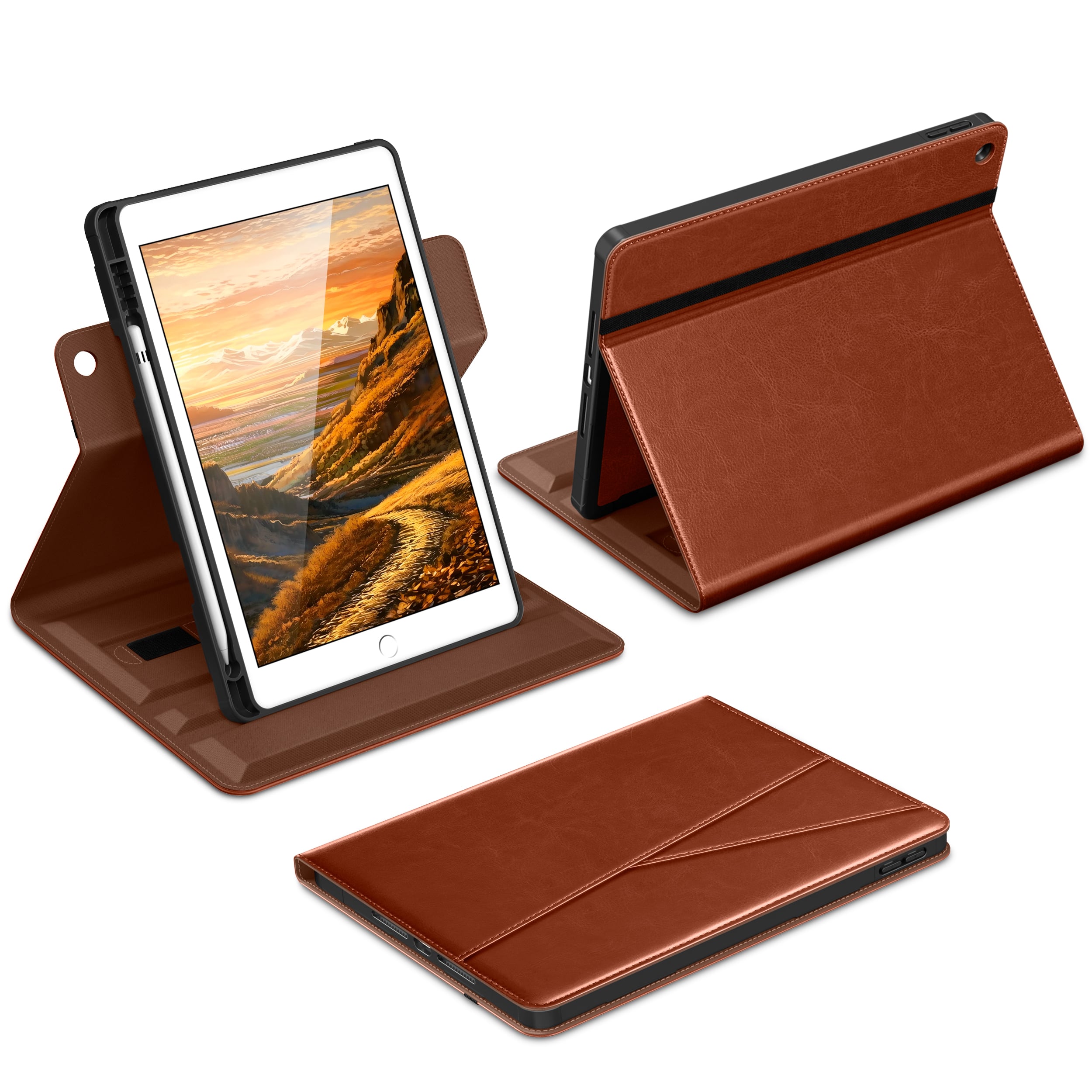 DTTO - Case for iPad 9th / 8th / 7th Generation 10.2-Inch – 360° Rotating Premium Leather Folio Stand Cover with Pencil Holder - Brown