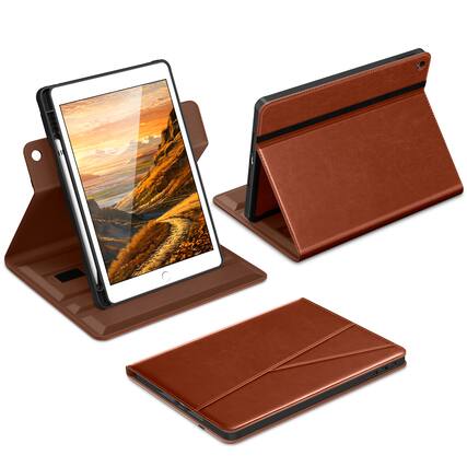 Front. DTTO - Case for iPad 9th / 8th / 7th Generation 10.2-Inch – 360° Rotating Premium Leather Folio Stand Cover with Pencil Holder - Brown.