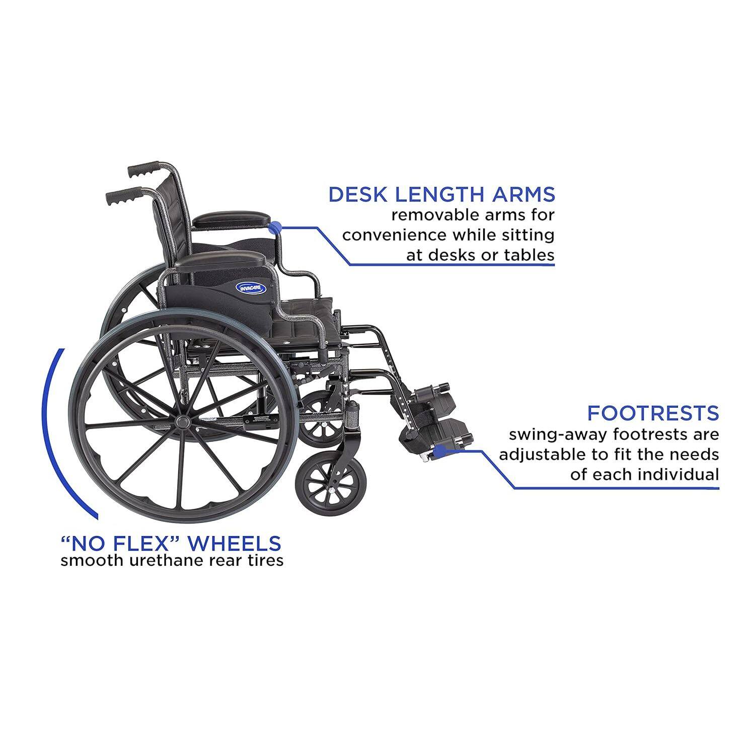DESK LENGTH ARMS  
removable arms for convenience while sitting at desks or tables  

FOOTRESTS  
swing-away footrests are adjustable to fit the needs of each individual  

“NO FLEX” WHEELS  
smooth urethane rear tires