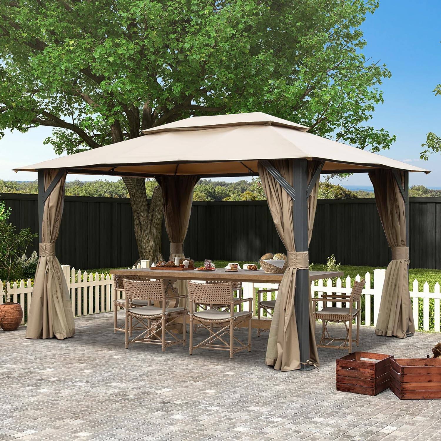 Angle. Mondawe - 10x14FT Outdoor Gazebo, Curtains and Mosquito Nettings included,Heavy Duty Metal Frame - Brown.