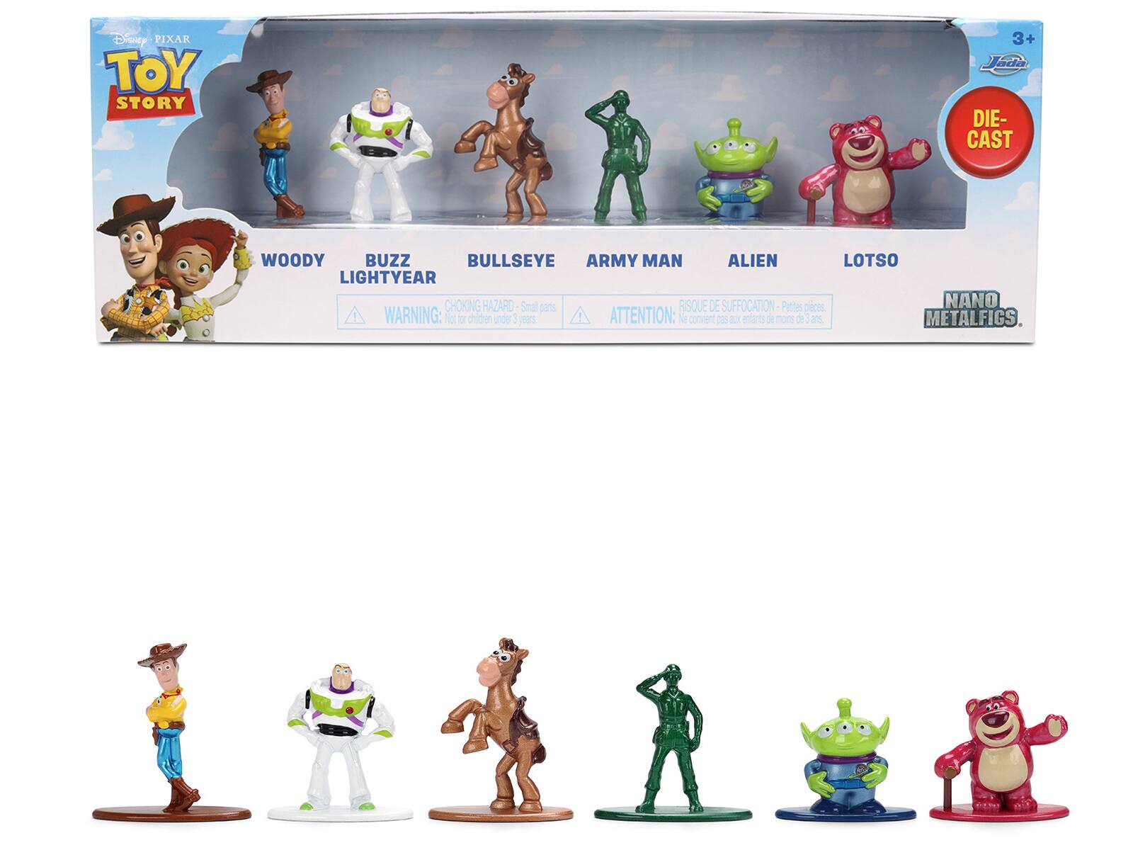 Diony PIXAR TOY STORY 3+ Jada ada DIE-CAST WOODY BUZZ BULLSEYE ARMY MAN ALIEN LOTSO LIGHTYEAR CHOKING HAZARD - Small parts RISQUE DE SUFFOCATION - Petites pièces ATTENTION: Not for children under 3 years ATTENTION: Ne convient pas aux enfants de moins de 3 ans 3+ METALFIGS