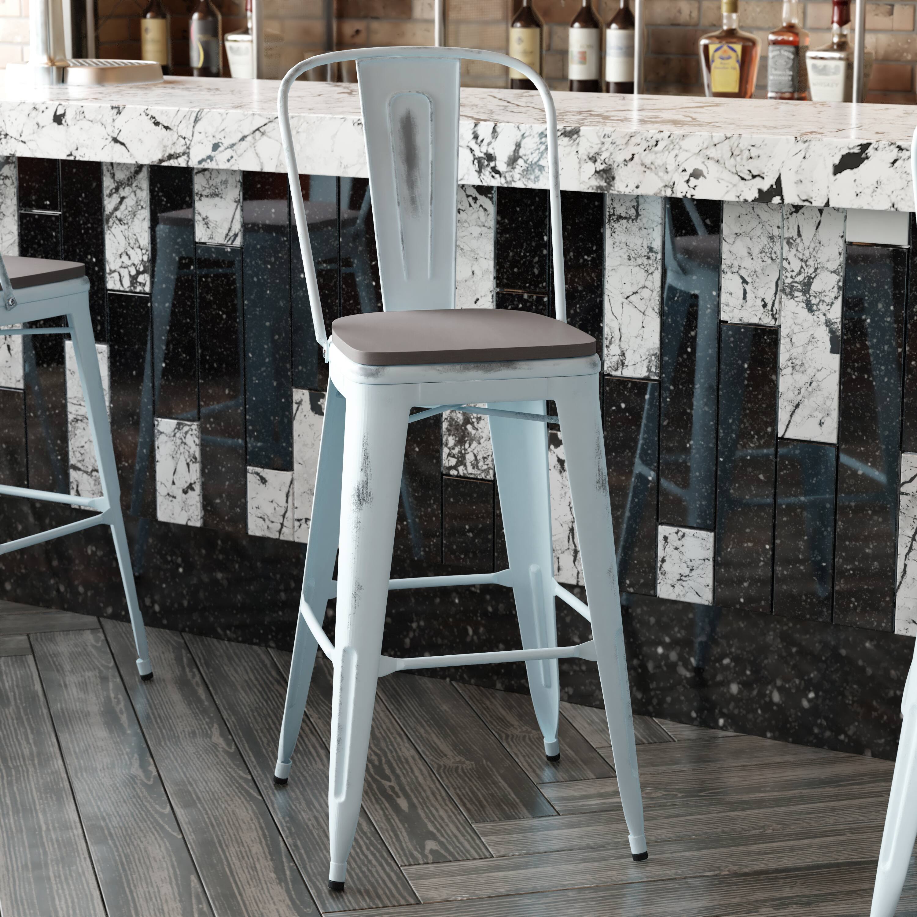 Alt View 4. Emma + Oliver - Nova Distressed Metal Stools with Backs and Polystyrene Seats for Indoor/Outdoor Use - Gray Seat/Green-Blue Frame.