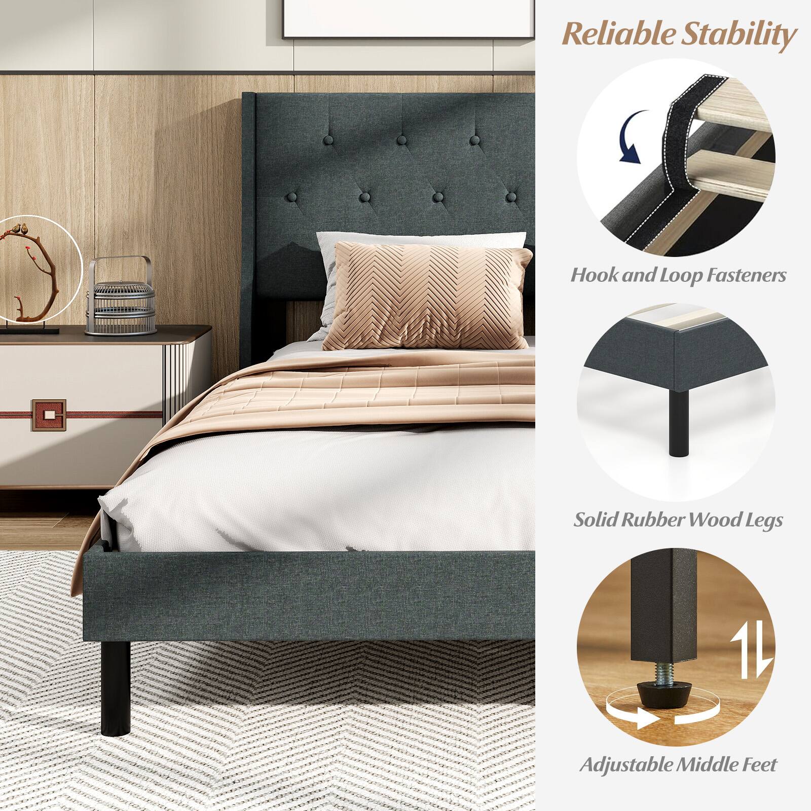 Reliable Stability  
Hook and Loop Fasteners  
Solid Rubber Wood Legs  
1L Adjustable Middle Feet