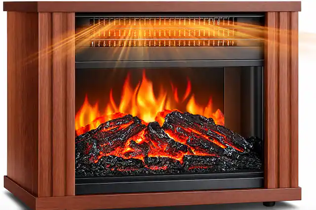 Front. Airo Comfort - Portable Electric Fireplace Space Heater for Indoor – 1500W with 3D Realistic Dancing Flame Effect - Brown.