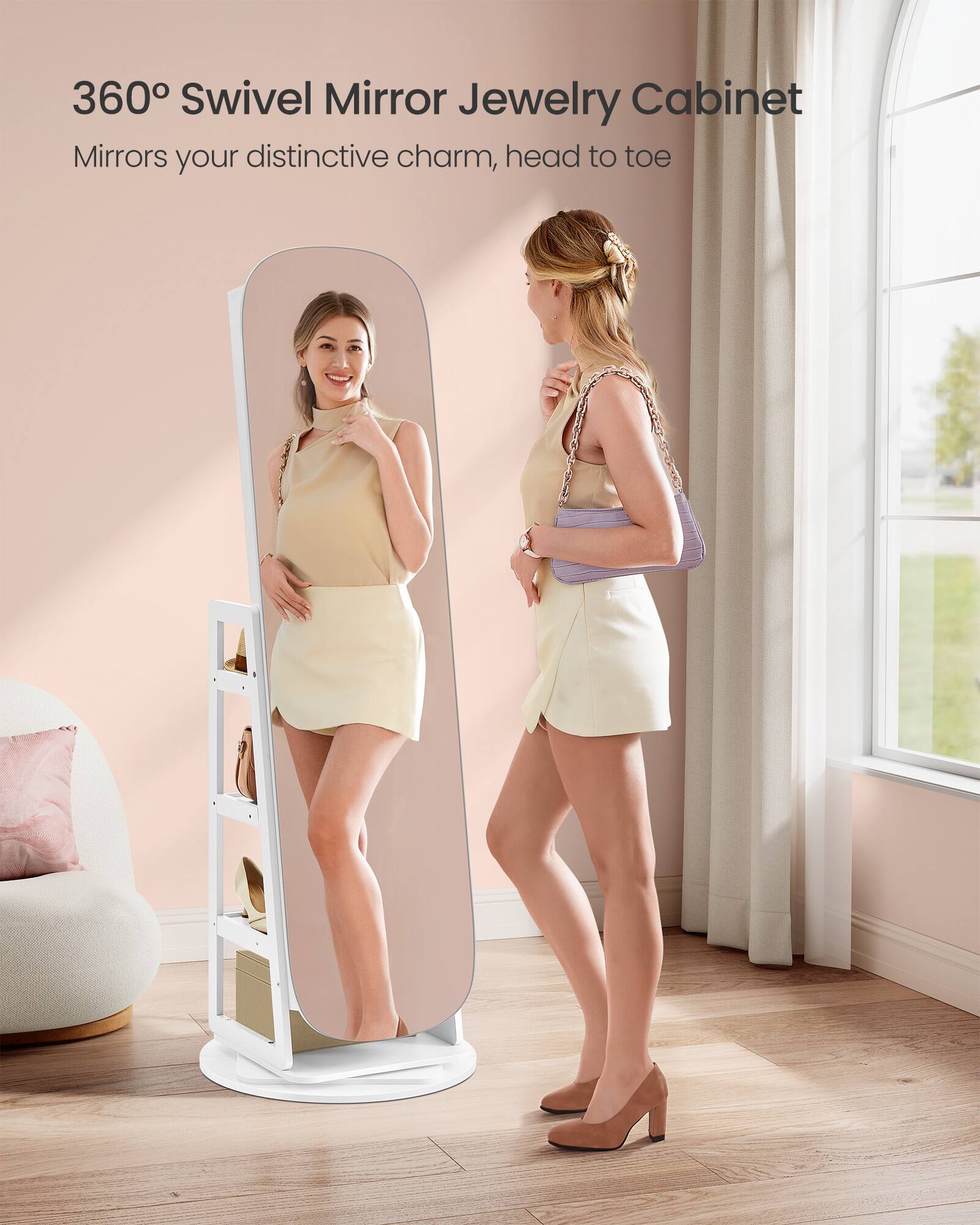 360° Swivel Mirror Jewelry Cabinet  
Mirrors your distinctive charm, head to toe