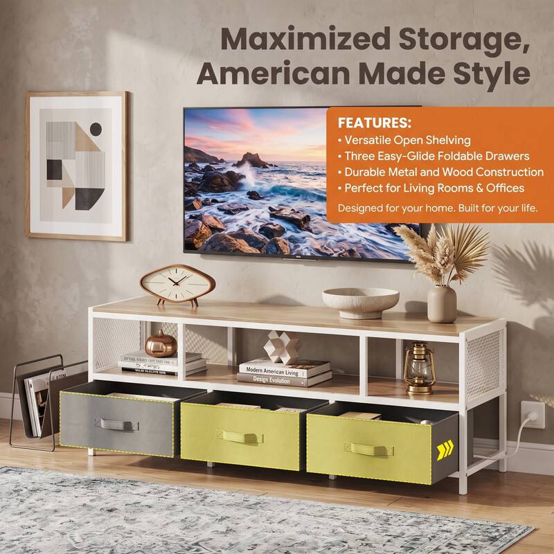Maximized Storage, American Made Style

FEATURES:
- Versatile Open Shelving
- Three Easy-Glide Foldable Drawers
- Durable Metal and Wood Construction
- Perfect for Living Rooms & Offices
- Designed for your home. Built for your life.

G KTIN
STITAL VIDRO PER 5 1999 NOW
Modern American Living Design Evolution