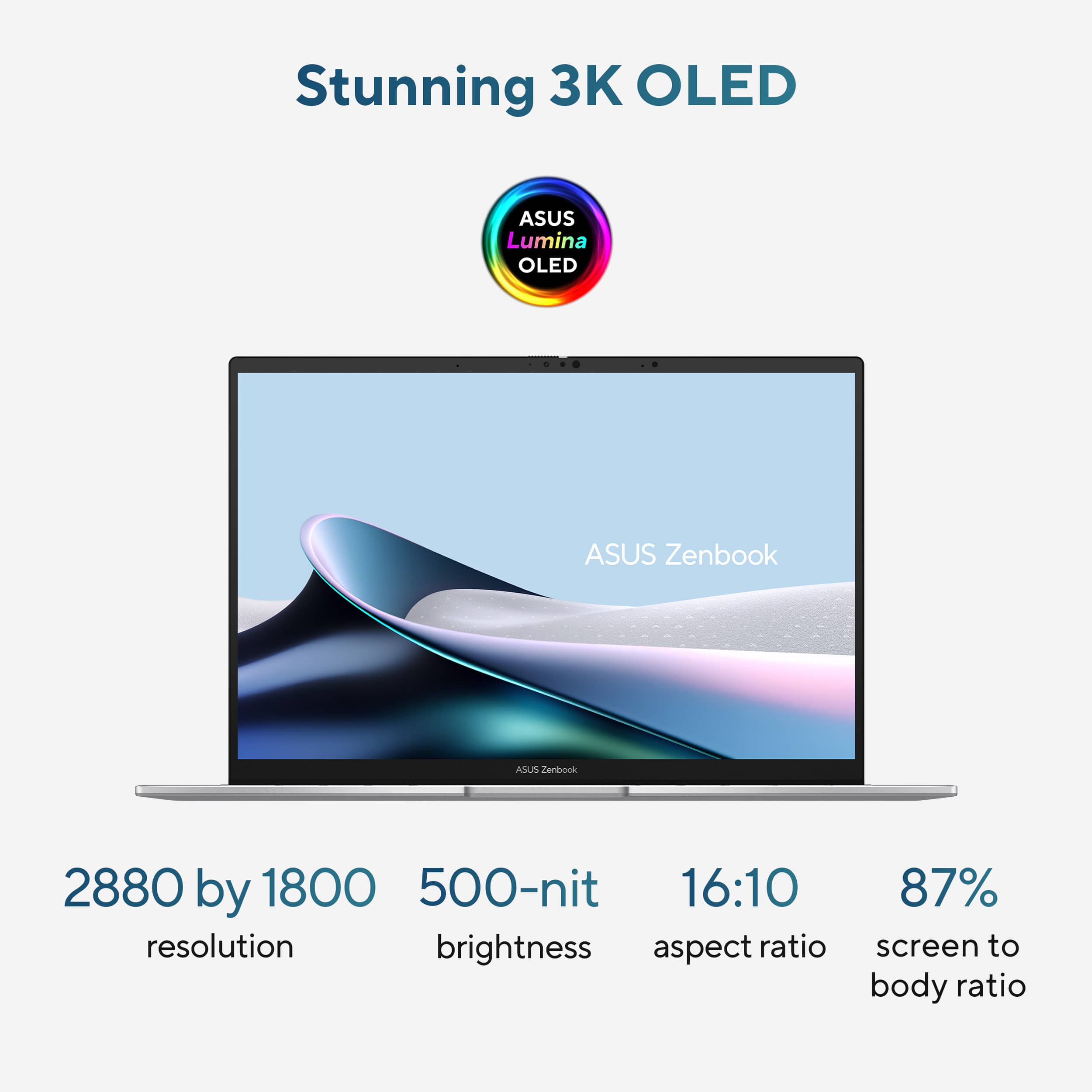 Stunning 3K OLED ASUS Lumina OLED ASUS Zenbook ASUS Zenbook 2880 by 1800 500-nit 16:10 resolution brightness aspect ratio 87% screen to body ratio