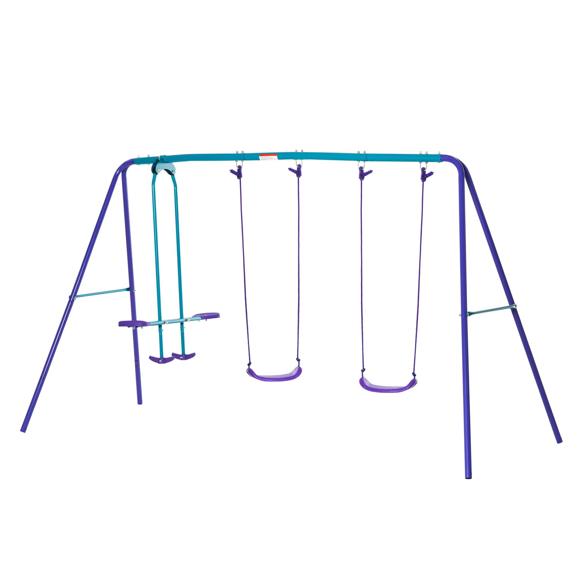 Left. Siljoy - Purple Metal Swing Set with Glider & 2 Swing Seats, Adjustable Height, 396lb Capacity, A‑Frame Backyard - Purple.