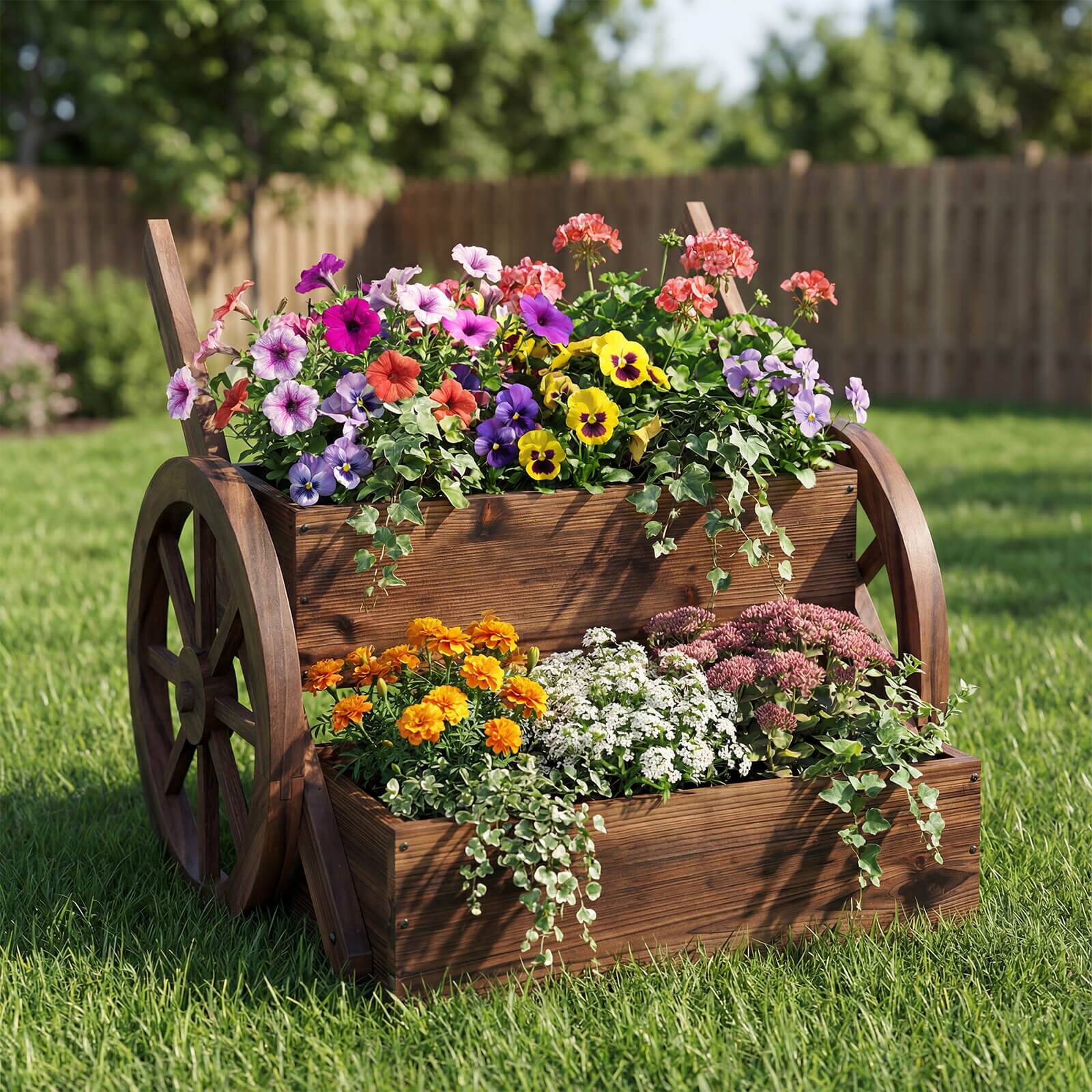 Alt View 4. Costway - Costway 1 PCS Rustic Wood Wagon Planter2-Tier with Wheels Handles&Drainage for Patio Balcony - Carbonized Brown.