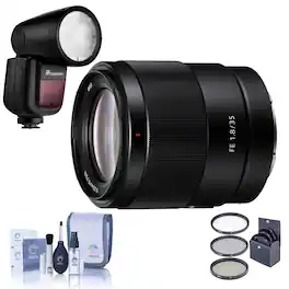 FE 35mm f/1.8 Lens for Sony E, Bundle with Flashpoint Zoom Li-on X R2 TTL Flash, 55mm Filter Kit, Cleaning Kit