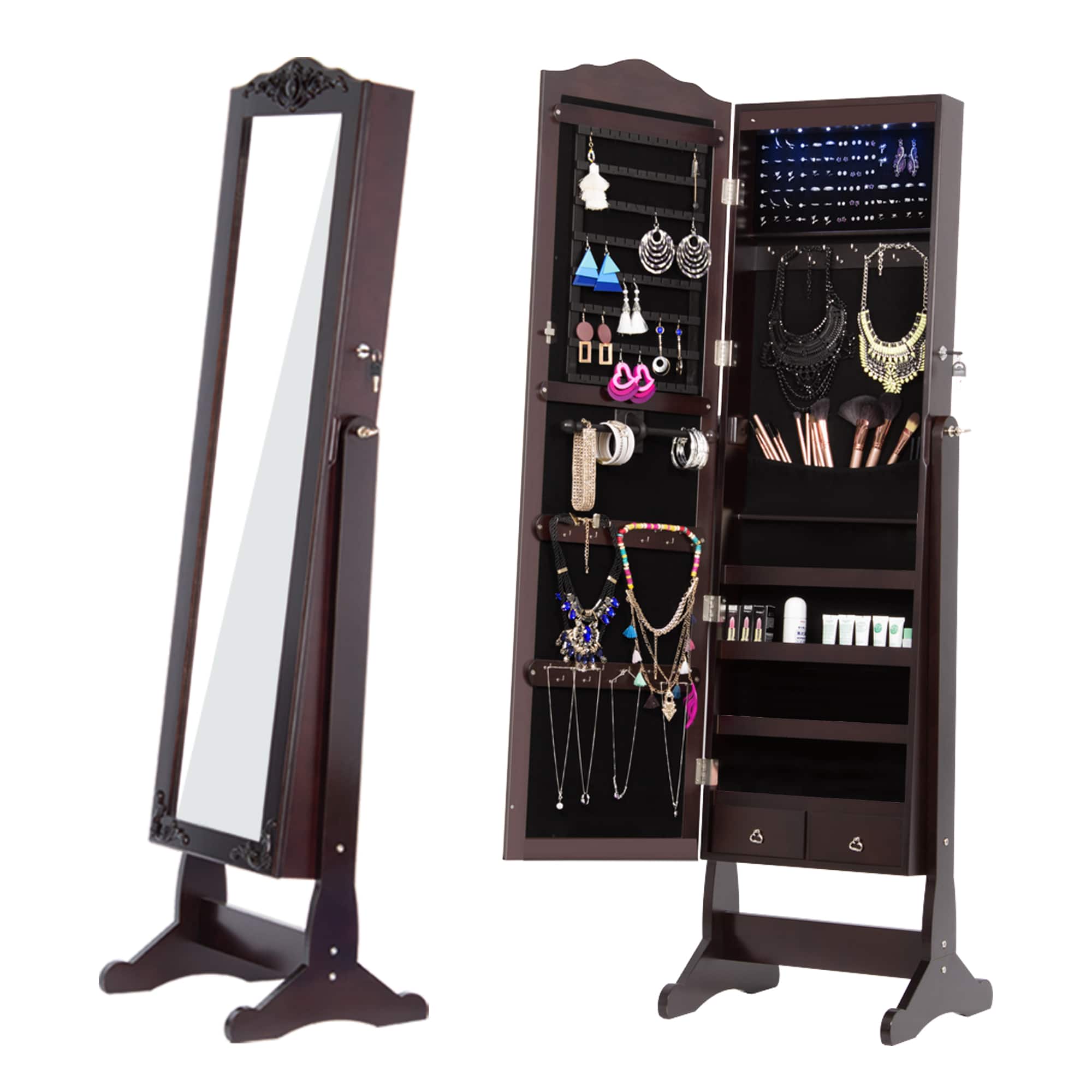 Oumilen - Lockable Jewelry Armoire with LED Lights, Adjustable Full-Length Mirror & Storage - Brown