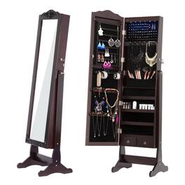 Oumilen - Lockable Jewelry Armoire with LED Lights, Adjustable Full-Length Mirror & Storage - Brown