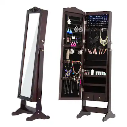 Front. Oumilen - Lockable Jewelry Armoire with LED Lights, Adjustable Full-Length Mirror & Storage - Brown.