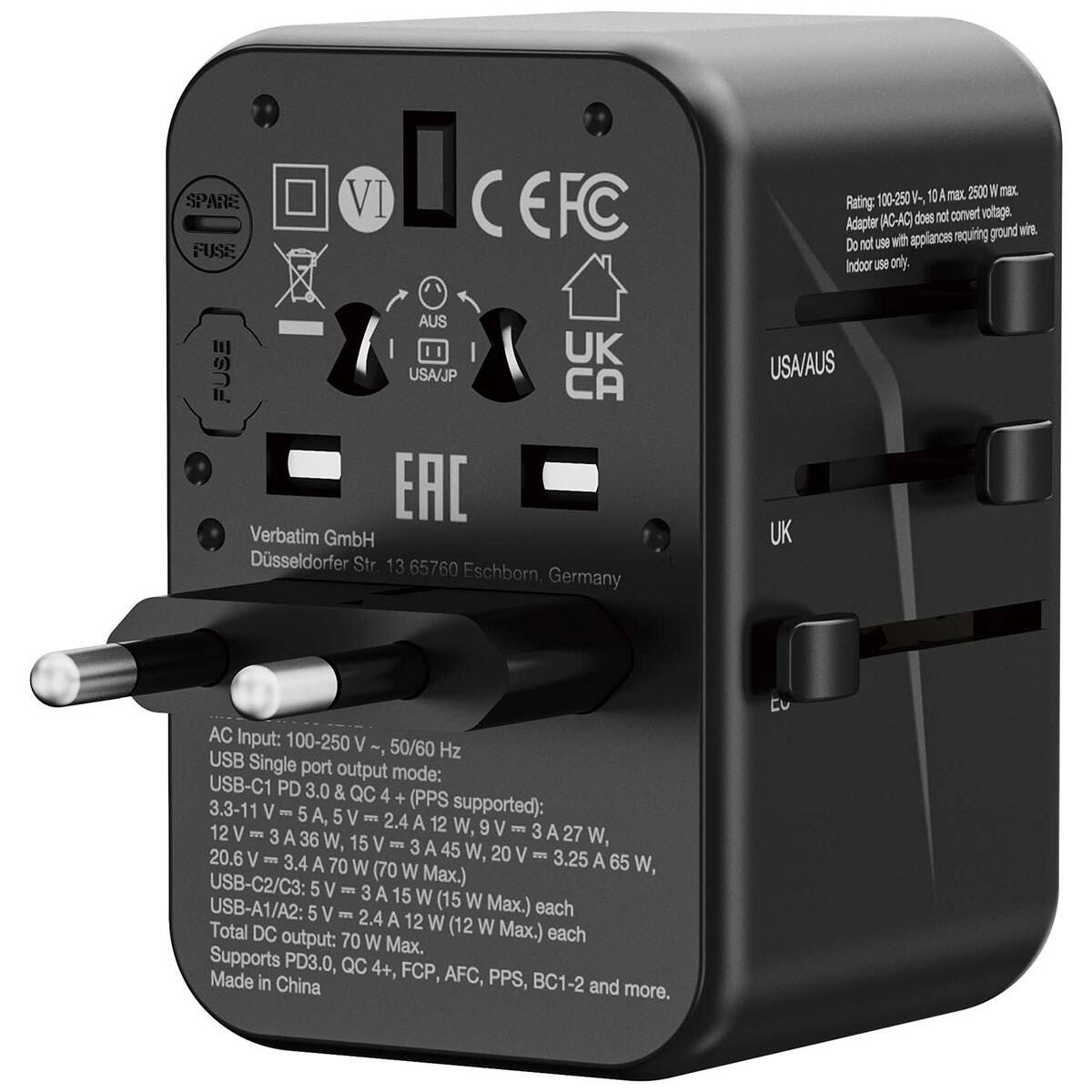 SPARE VI CEFC FUSE AUS UK FUSE USA/JP CA EAC  
Verbatim GmbH  
Düsseldorf Str. 13 65760 Eschborn, Germany  

10A max. 2500W max.  
Rating: 100-250V-, (AC-AC) does not convert voltage.  
Adapter ground wire. Do not use with appliances requiring ground wire. Indoor use only USA/AUS UK  

AC Input: 100-250 50/60 Hz  
USB Single port output mode:  
USB-C1 PD 3.0 & QC 4+ (PPS supported):  
3.3-11V = 5A, 5V = 2.4A 12W, 9V = 3A 27W, 15V = 3A 45W, 20V = 3.25A 65W (70W Max.)  
USB-C2/C3: 5V = 3A 15W (15W Max.)  
USB-A1/A2: 5V = 2.4