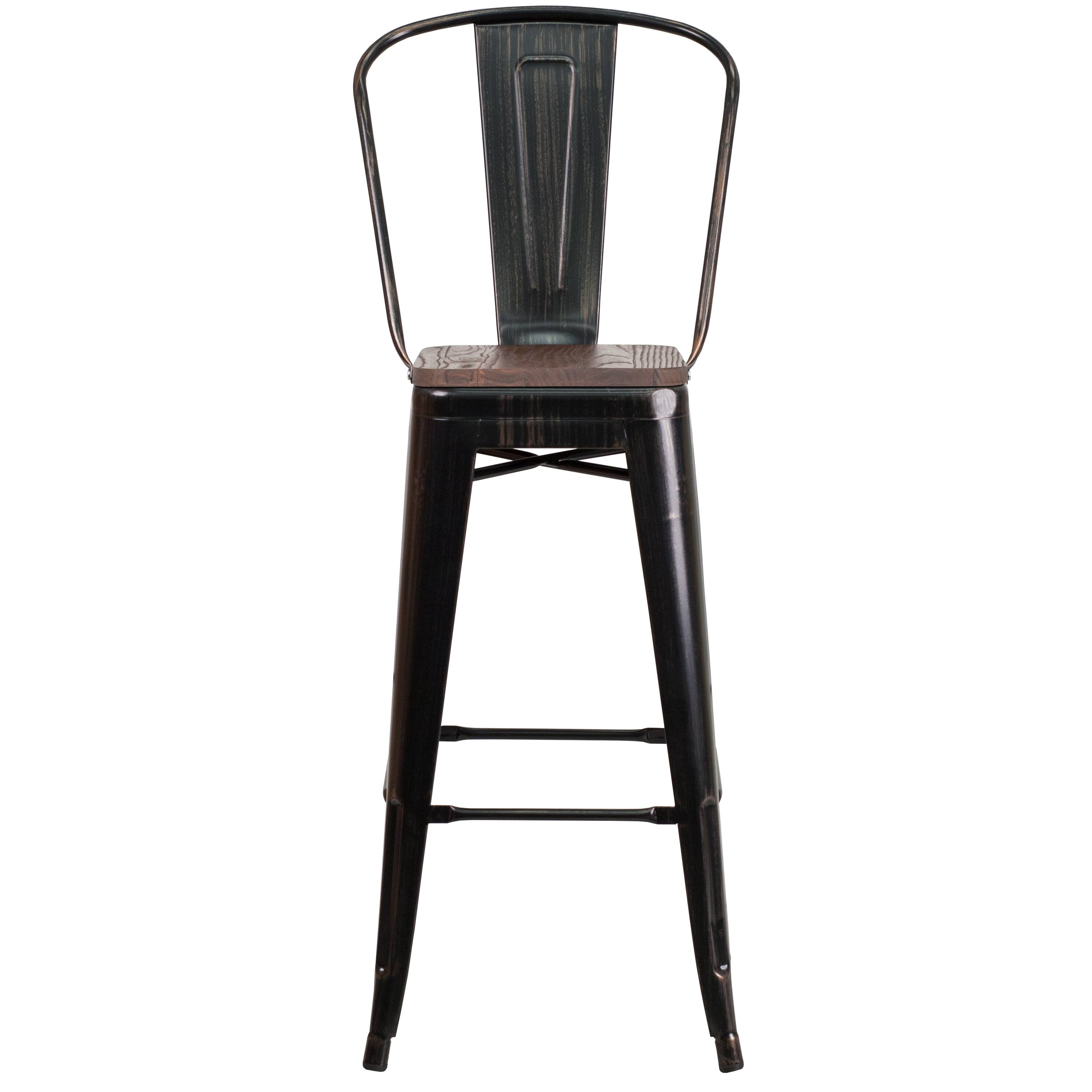 Alt View 7. Emma + Oliver - 30"H Metal Dining Barstool with Back and Square Wood Seat - Black-Antique Gold.