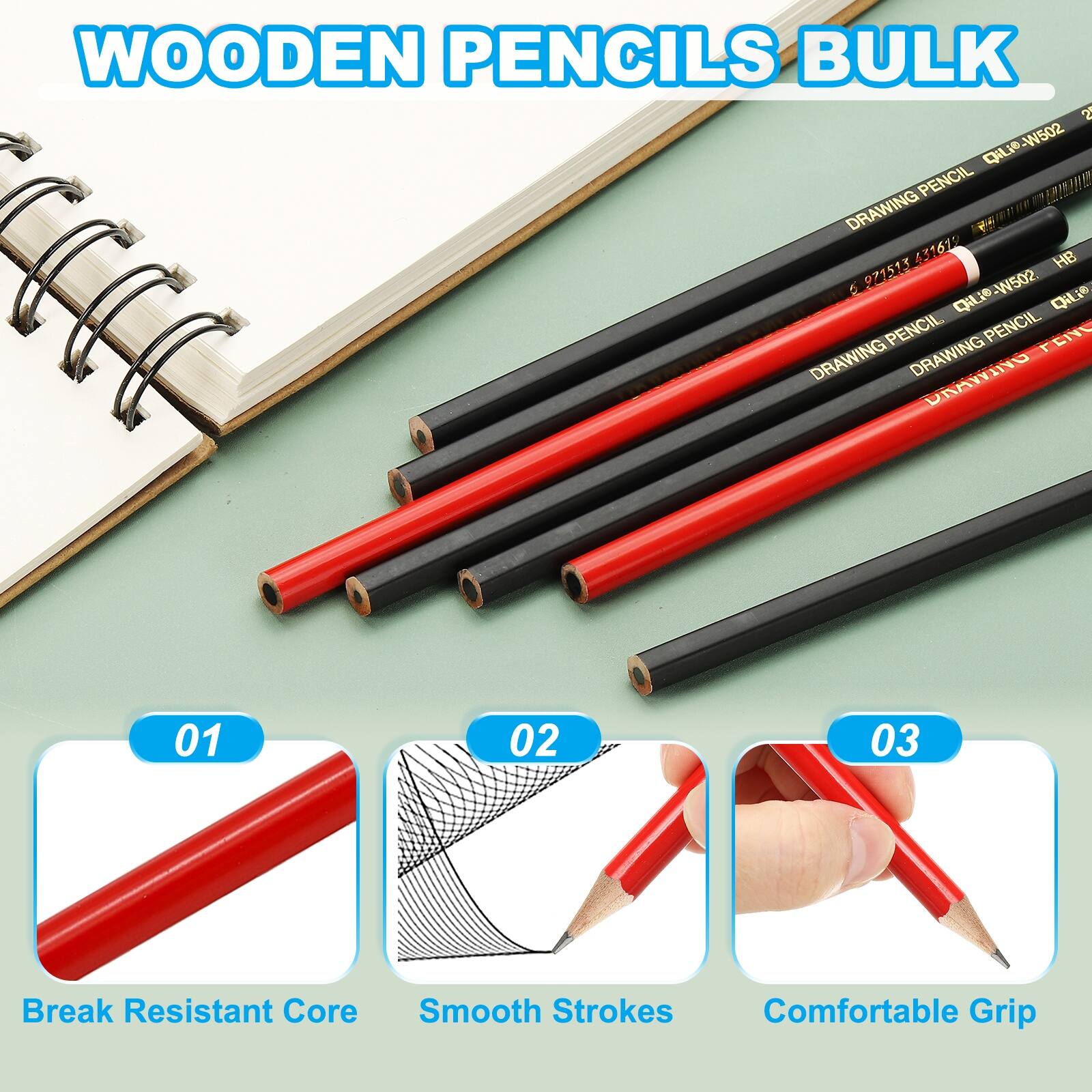 WOODEN PENCILS BULK

DRAWING PENCIL
g:LIeW502 W502 OiLiO PENCIL C
HB 5 971513

Break Resistant Core
Smooth Strokes
Comfortable Grip