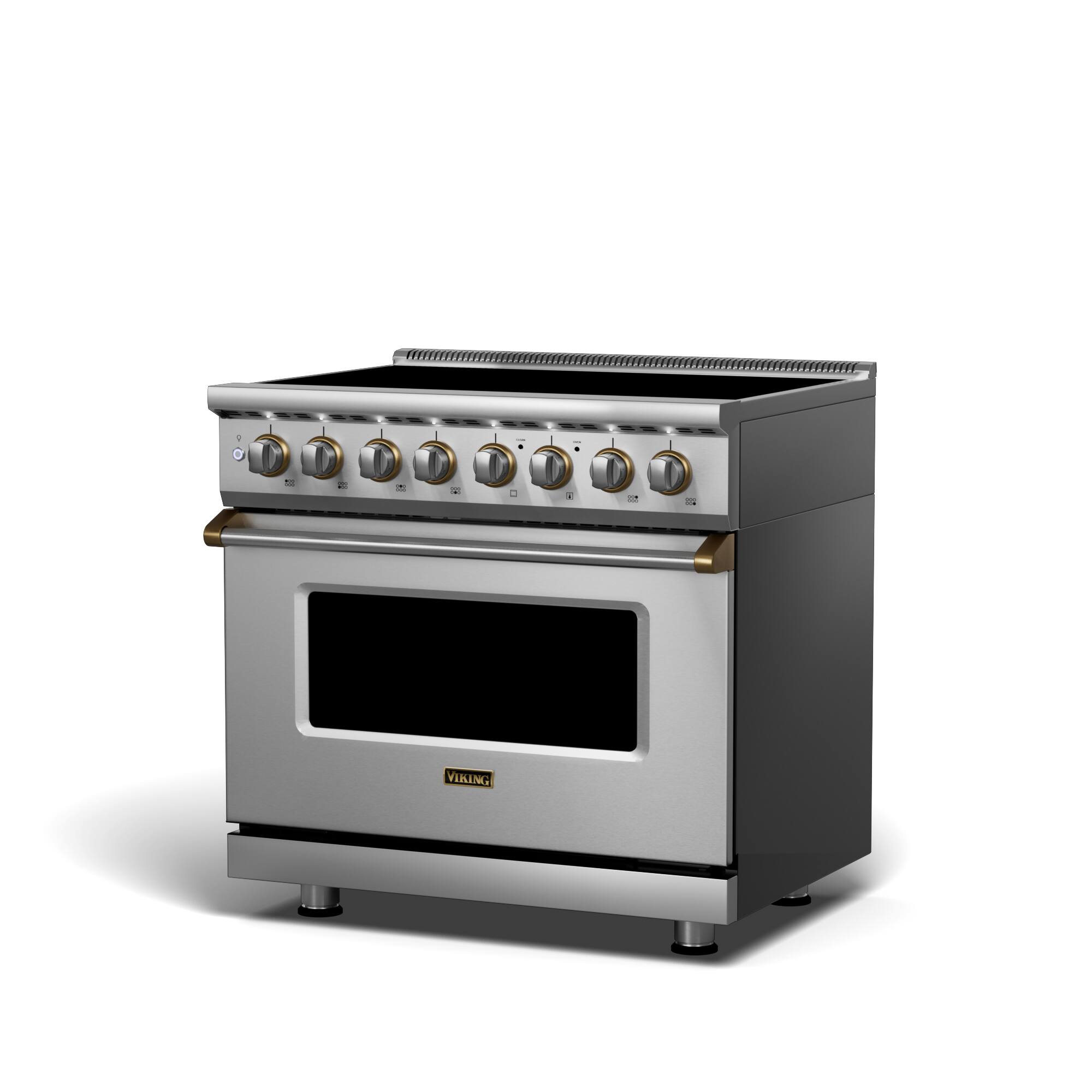 Angle. Viking - 5 Series 36" Wide 5.6 Cubic Foot Freestanding Electric Induction Range - Stainless with Brushed Brass Accents.
