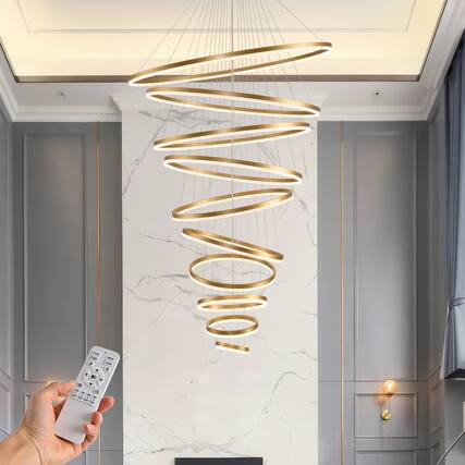 Front. RYHNUYNE - 10 Ring LED Chandelier with Remote Adjustable Dimmable Pendant Light for High Ceilings, Foyer, Living Room.