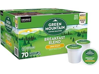 100% America's Favorite Breakfast Blend  
Green Mountain Coffee Roasters  
Breakfast Blend  
Light Roast  
Bright, Crisp, Clean  
Responsibly Sourced  
70 K-Cups  
Recyclable