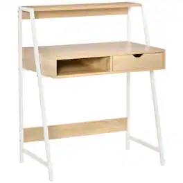 Homcom - Home Office Desk, A-Frame Computer Desk for Small Spaces, with Drawer, Storage Shelves - Natural Wood