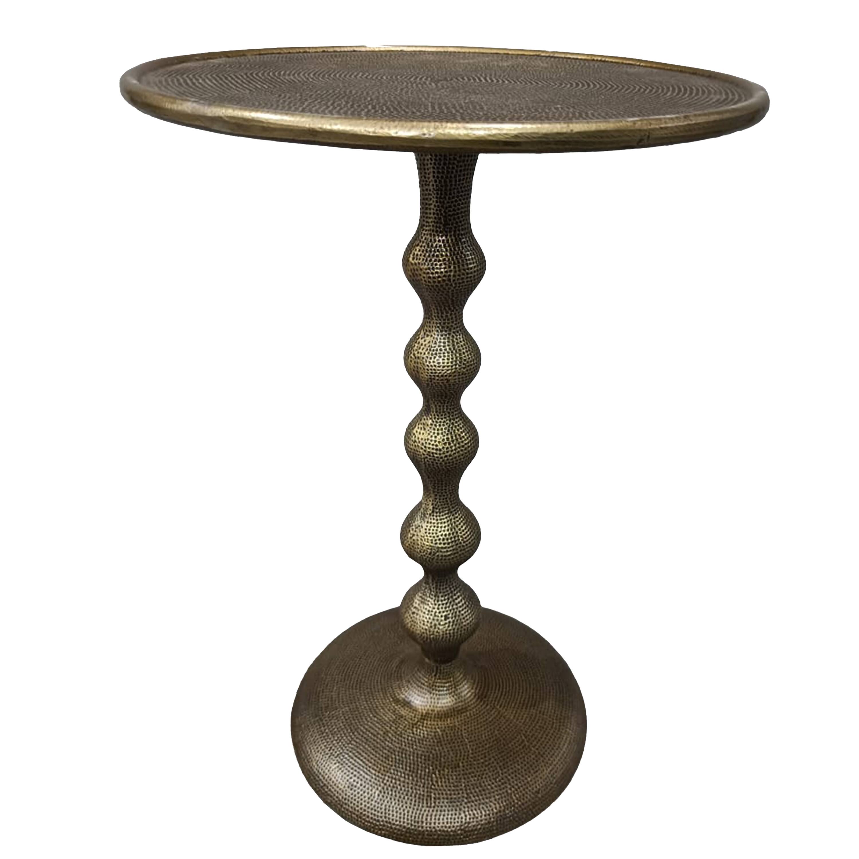 Left. Manhattan Lane - Shae 22 Inch Round Side End Table - Antique Brass Cast Aluminum with Hammered Texture For Small Places - Brass.