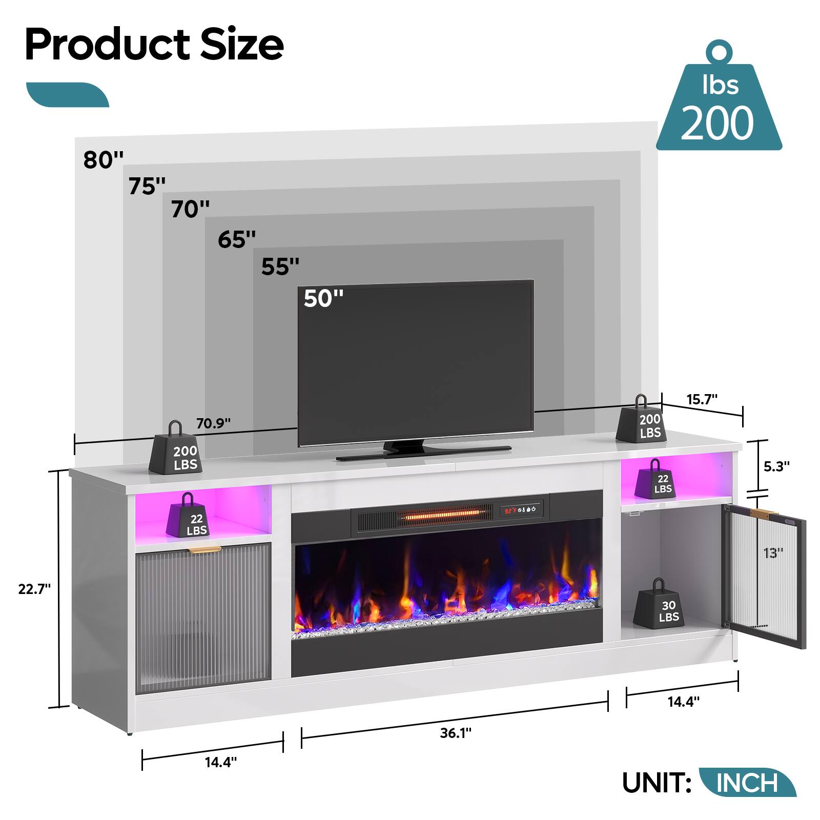 Product Size: 80" 75" 70" 65" 55" 50" Ibs 200 70.9" 200 LBS 200 LBS 22 LBS 15.7" 5.3" 22 LBS M 1a 13" 22.7" 30 LBS 14.4" 36.1" 14.4" UNIT: INCH