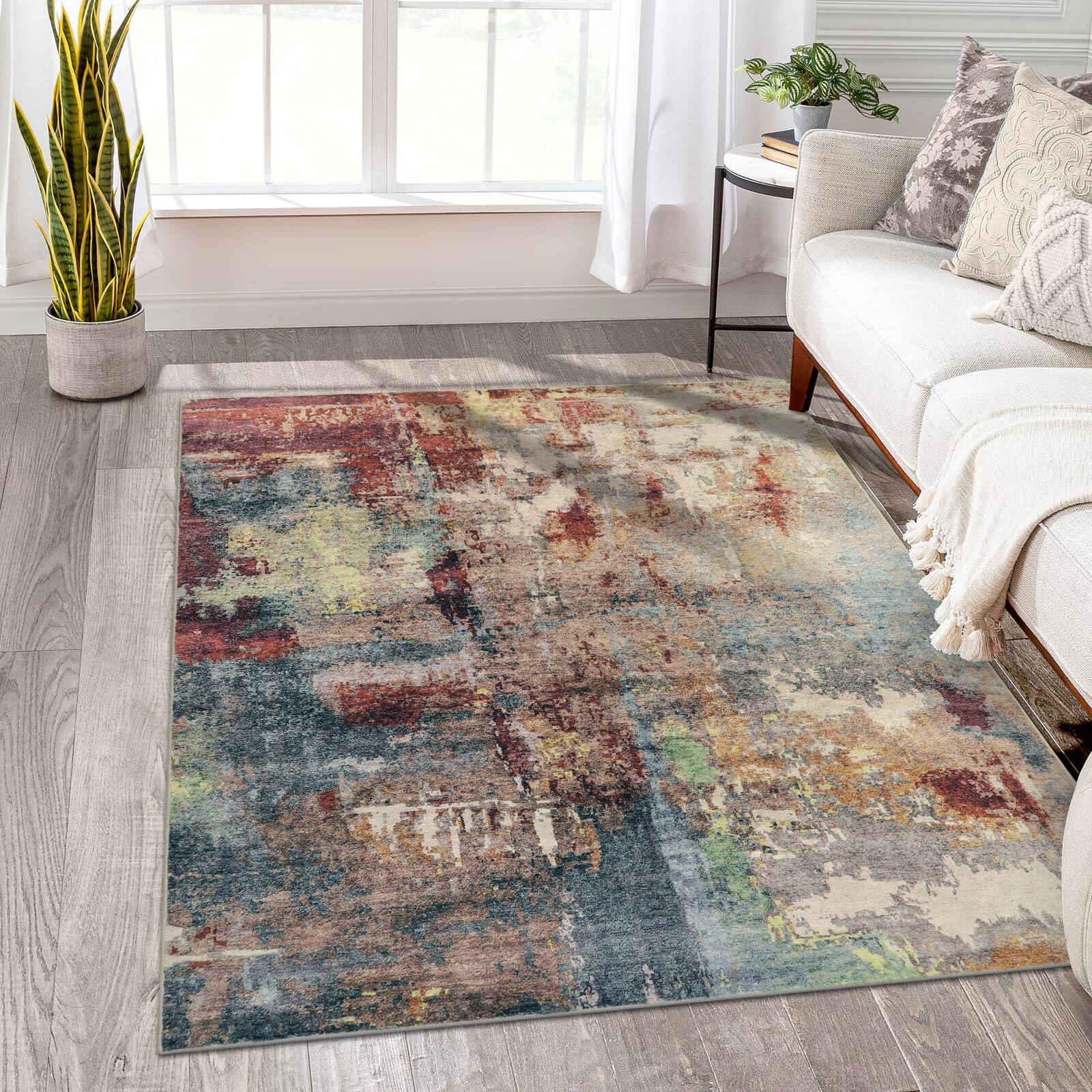 Back. Fabibe - 5X7 RED Modern Contemporary Abstract Machine Washable Wool Synthetic Indoor LAHOME MODERN ABSTRACT AREA FOR LIVING - Rosy 3' Round.