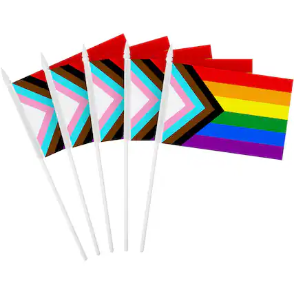 Front. G128 - 50 Pack Handheld LGBT Progress Rainbow Pride Stick Flags, 4x6 in, Printed 150D Polyester - Assorted Colors.