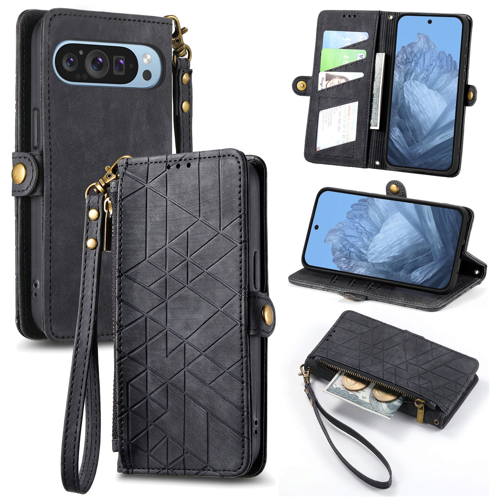 Dteck - For Google Pixel 9 Pro XL Zipper Wallet PU Leather Handbag Purse Flip Kickstand Card Slots Holder Wrist Strap Cover - Black price history on PriceWatchPro