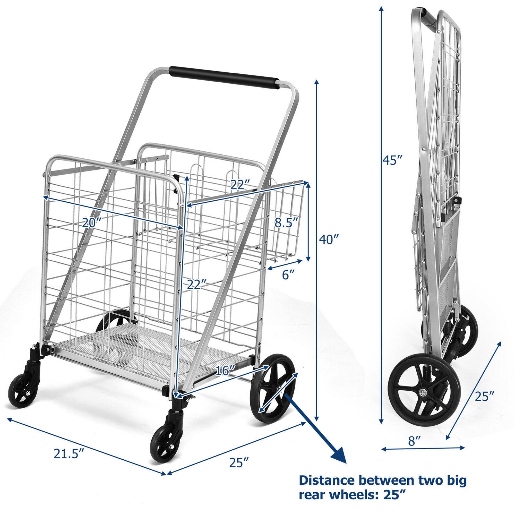 The image shows a shopping cart with a blue background. The cart has a basket and two large rear wheels. The distance between the two large rear wheels is 25 inches.
