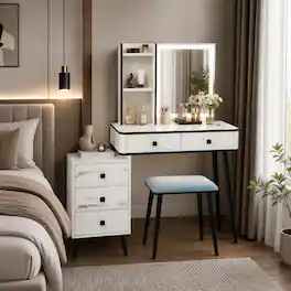 WELLFOR - Vanity Makeup Table Set with Lighted Mirror & 5 Drawers, Makeup Vanity Storage Shelves & Cushioned Stool for Girls - White