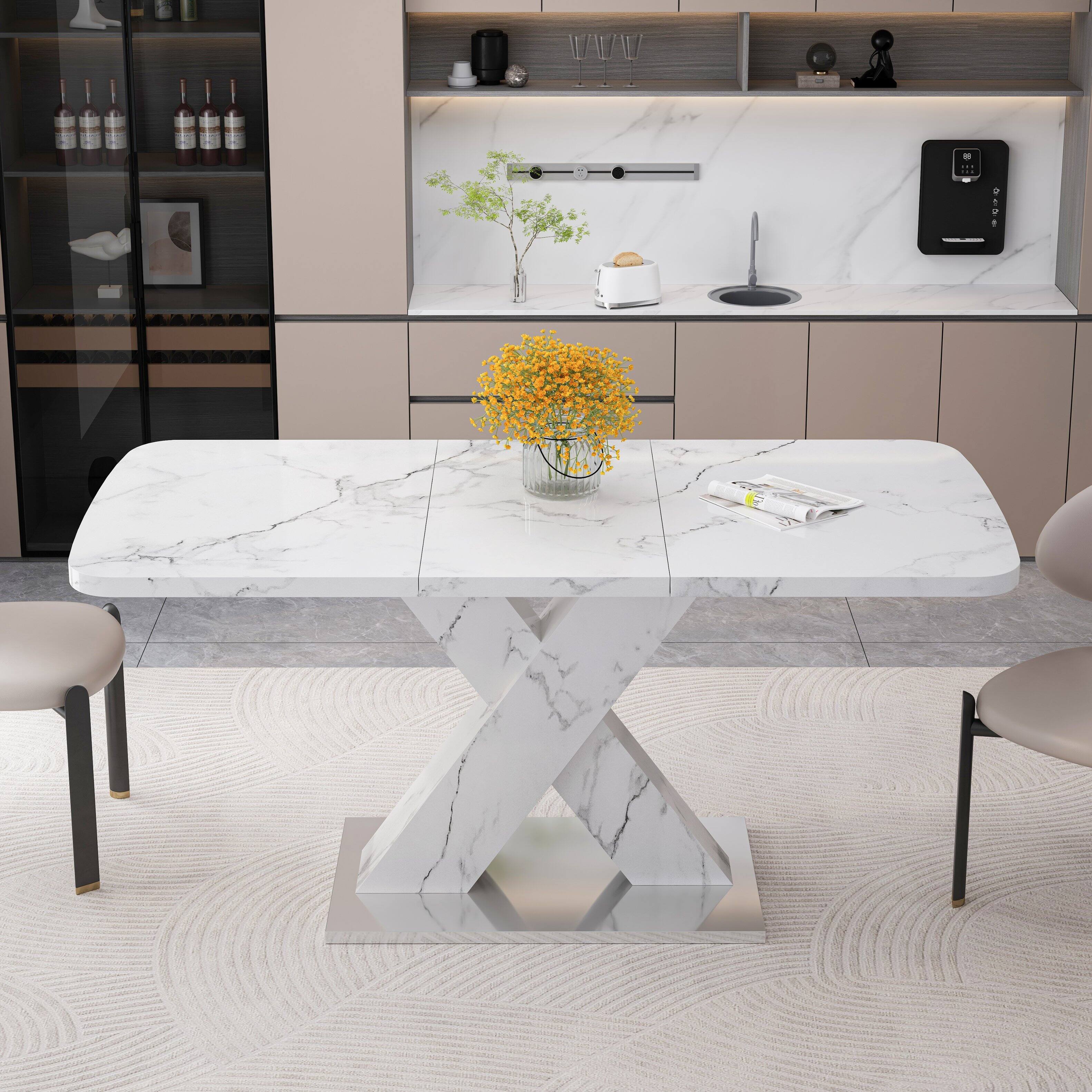 Angle. Tiramisubest - Modern Square Dining Table, Stretchable, Printed White Marble Table Top + MDF X-Shape Table Leg with Metal Base - White.