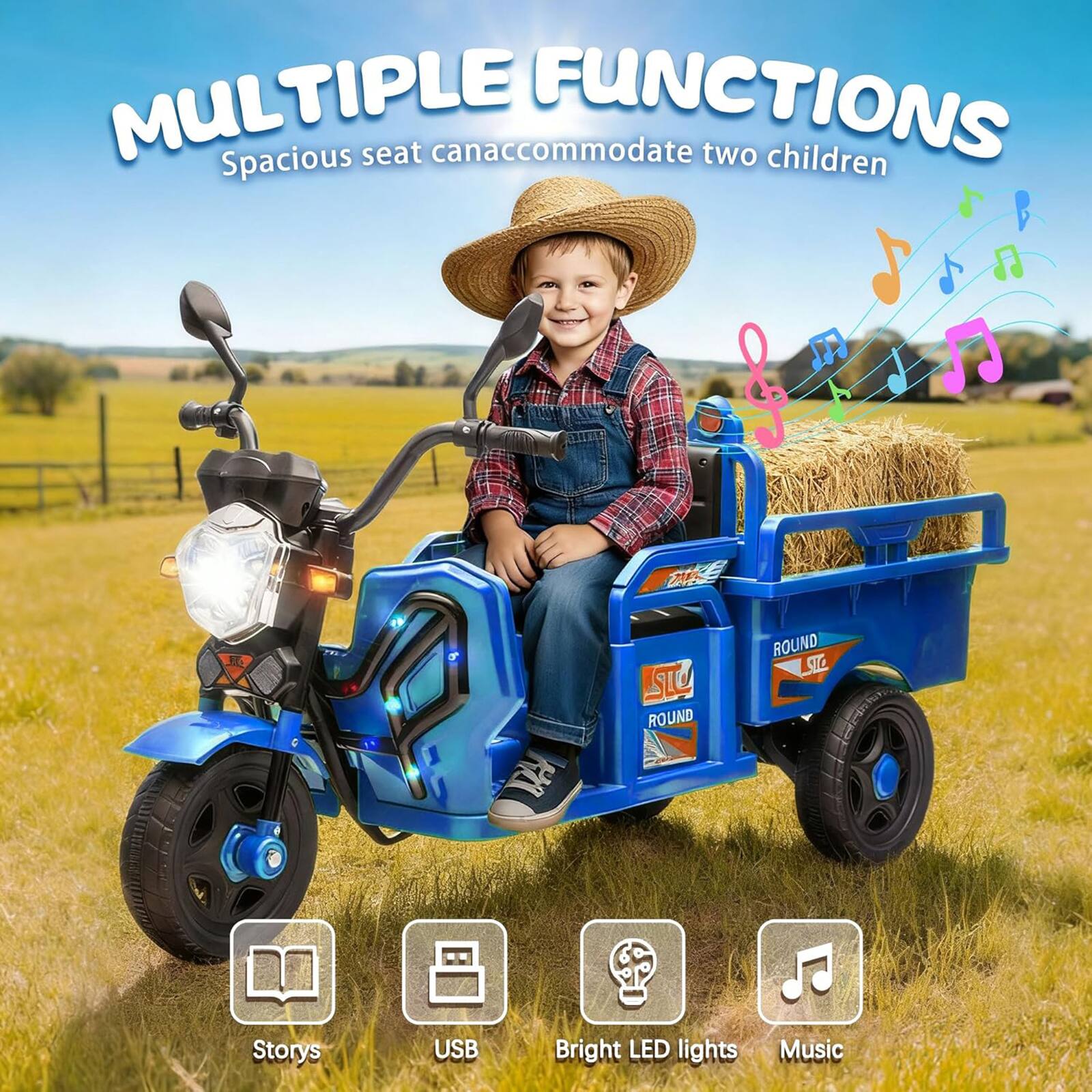 MULTIPLE FUNCTIONS  
Spacious seat can accommodate two children  

- Stories  
- USB  
- Bright LED lights  
- Music