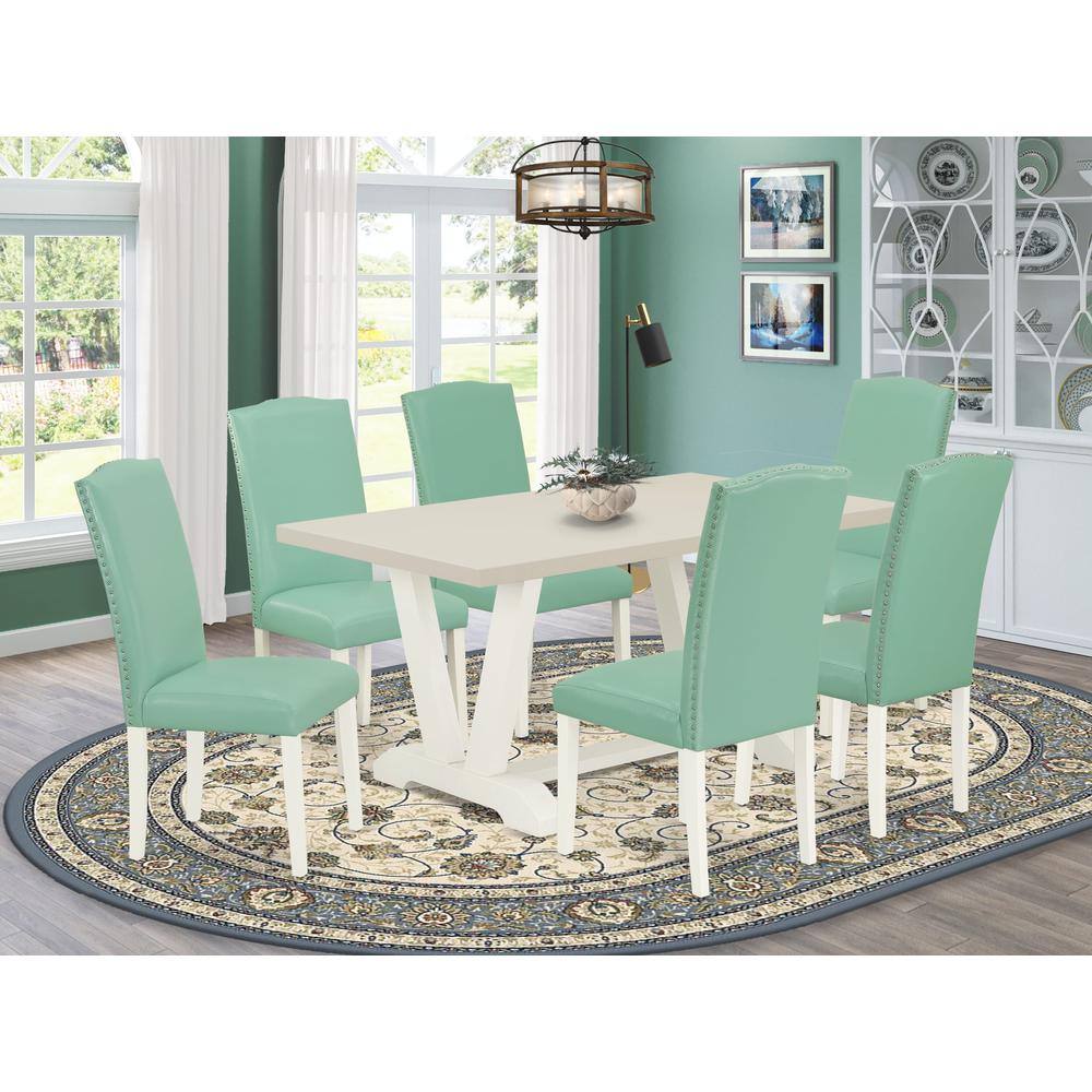 Angle. East West Furniture - East West Furniture 7 Pc Mid Century Dining Set Consists of a Linen White Wood Table and 6 Pond PU Leather Upholstered - Multi-Color.