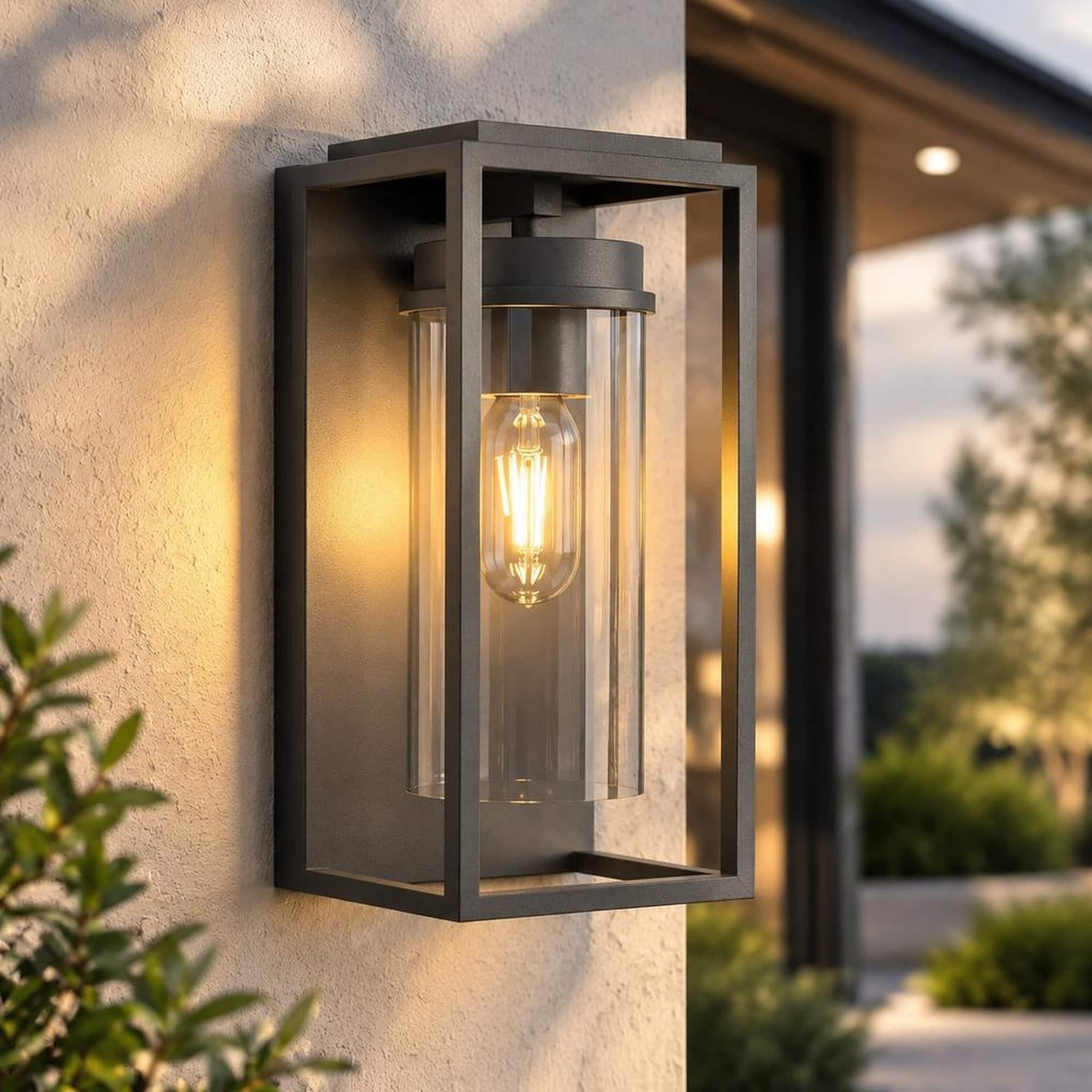 RYHNUYNE - Dusk To Dawn 12.4 In Outdoor Wall Sconce, Waterproof Modern Exterior Light Fixture for House Porch Garage - Black